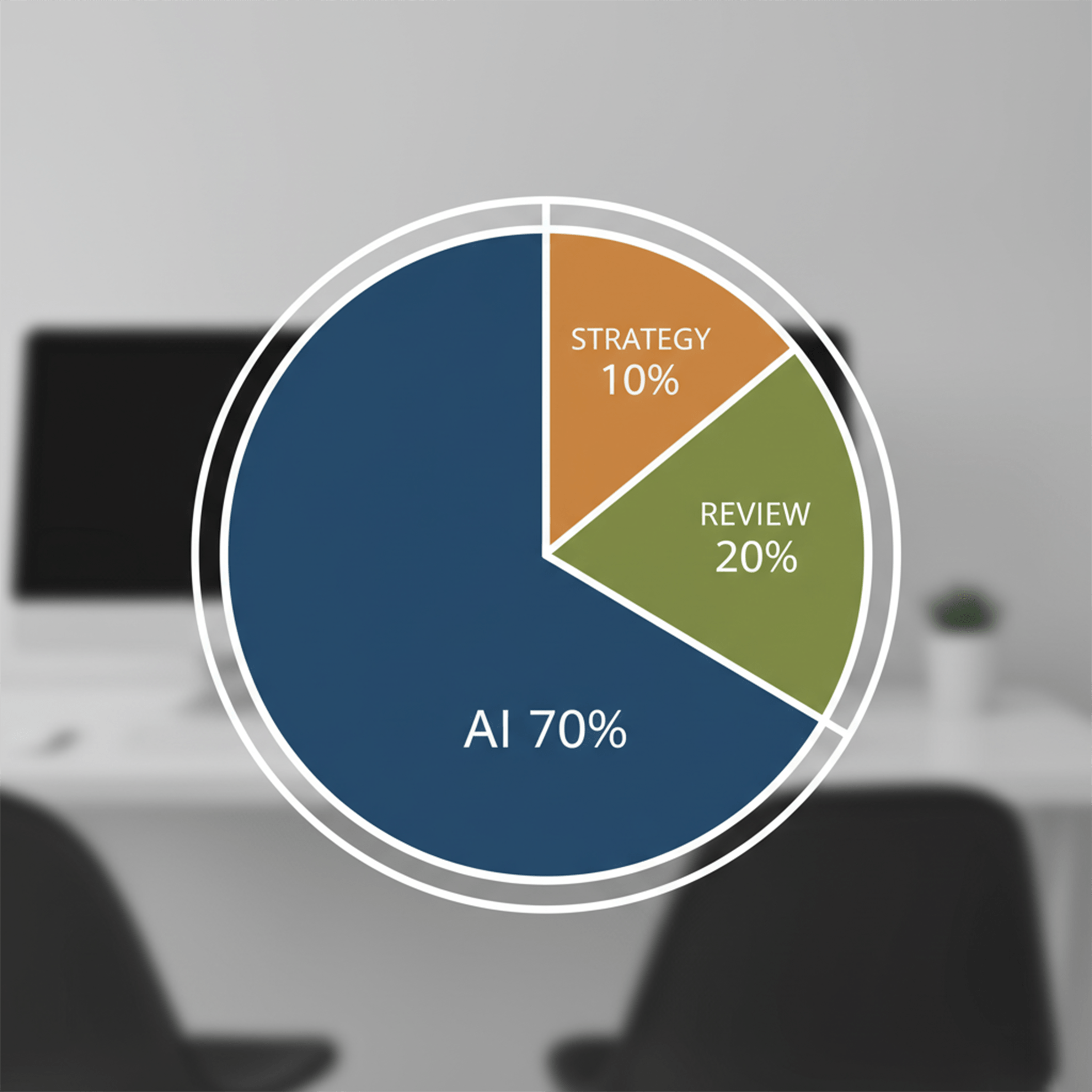 Donut chart: 70% AI, 20% review, 10% strategy.