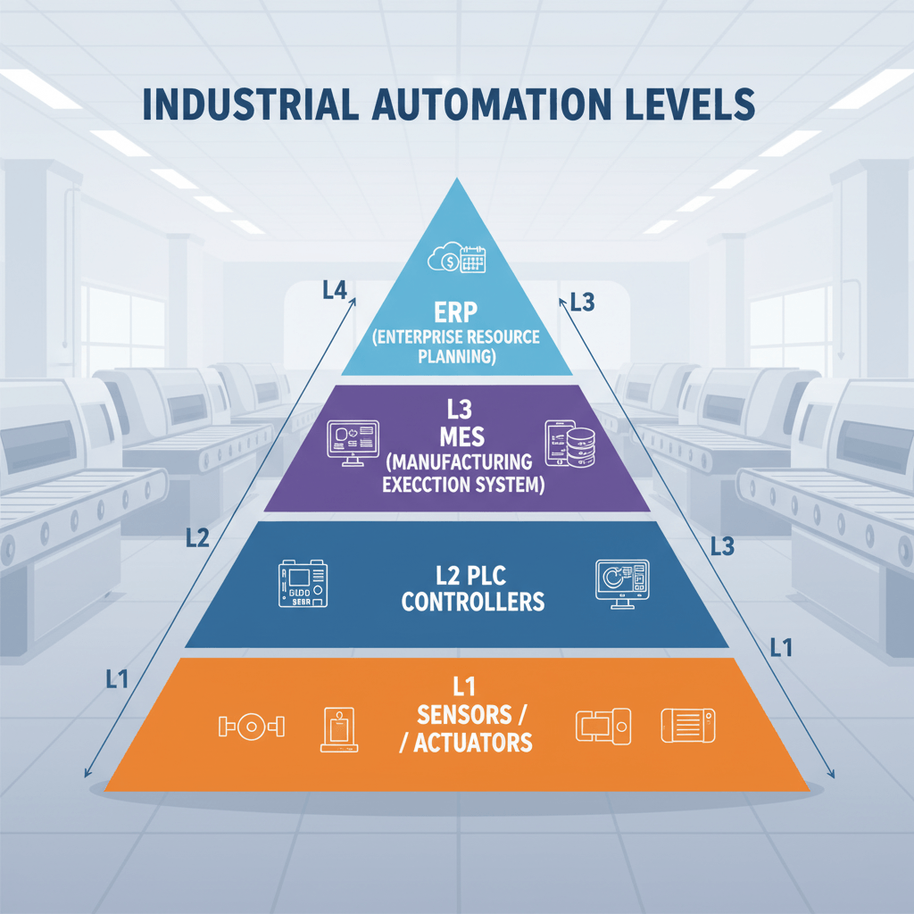 Manufacturing automation pyramid from sensors (L1) to ERP (L4).