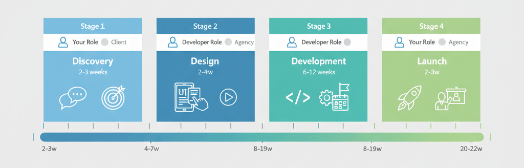 Roadmap timeline of 4 stages for custom web app development with timelines and roles.