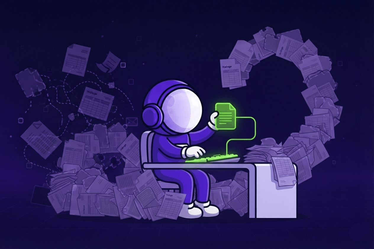 Mygom astronaut buried in repetitive manual paperwork with one document highlighted in green, showing the hidden work where teams lose time before an AI audit.