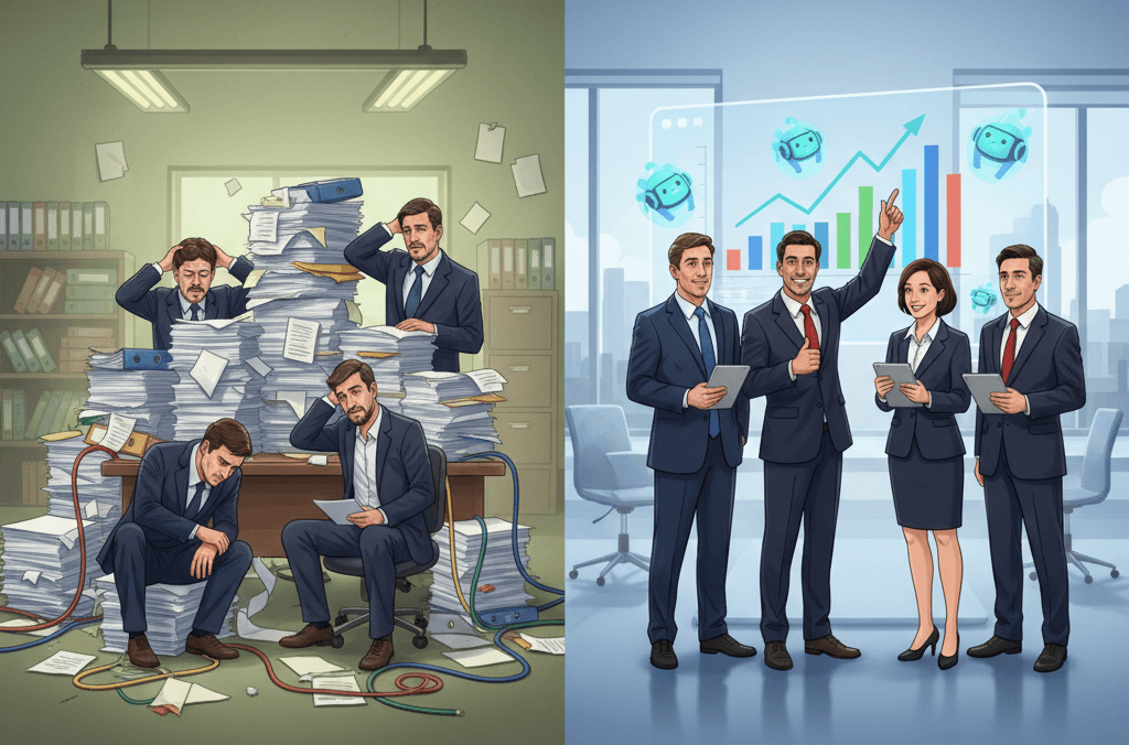 Team transforms from paperwork chaos to AI success dashboard. Image generated with Gemini.