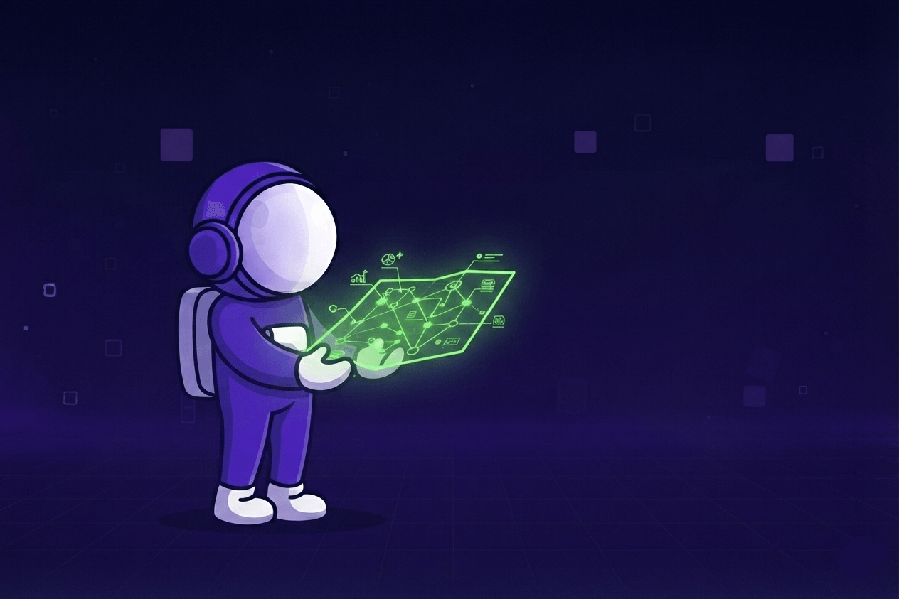 Mygom astronaut studying a glowing green holographic plan, illustrating the clear roadmap a team gets after an AI audit diagnostic.