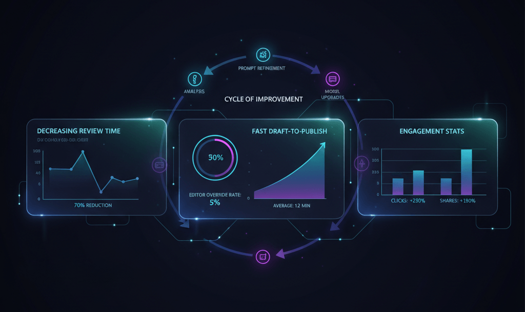 Futuristic dashboard tracking AI content metrics: falling review times, low overrides, fast publishing, rising engagement; neural flows and Payload CMS on dark neon interface.