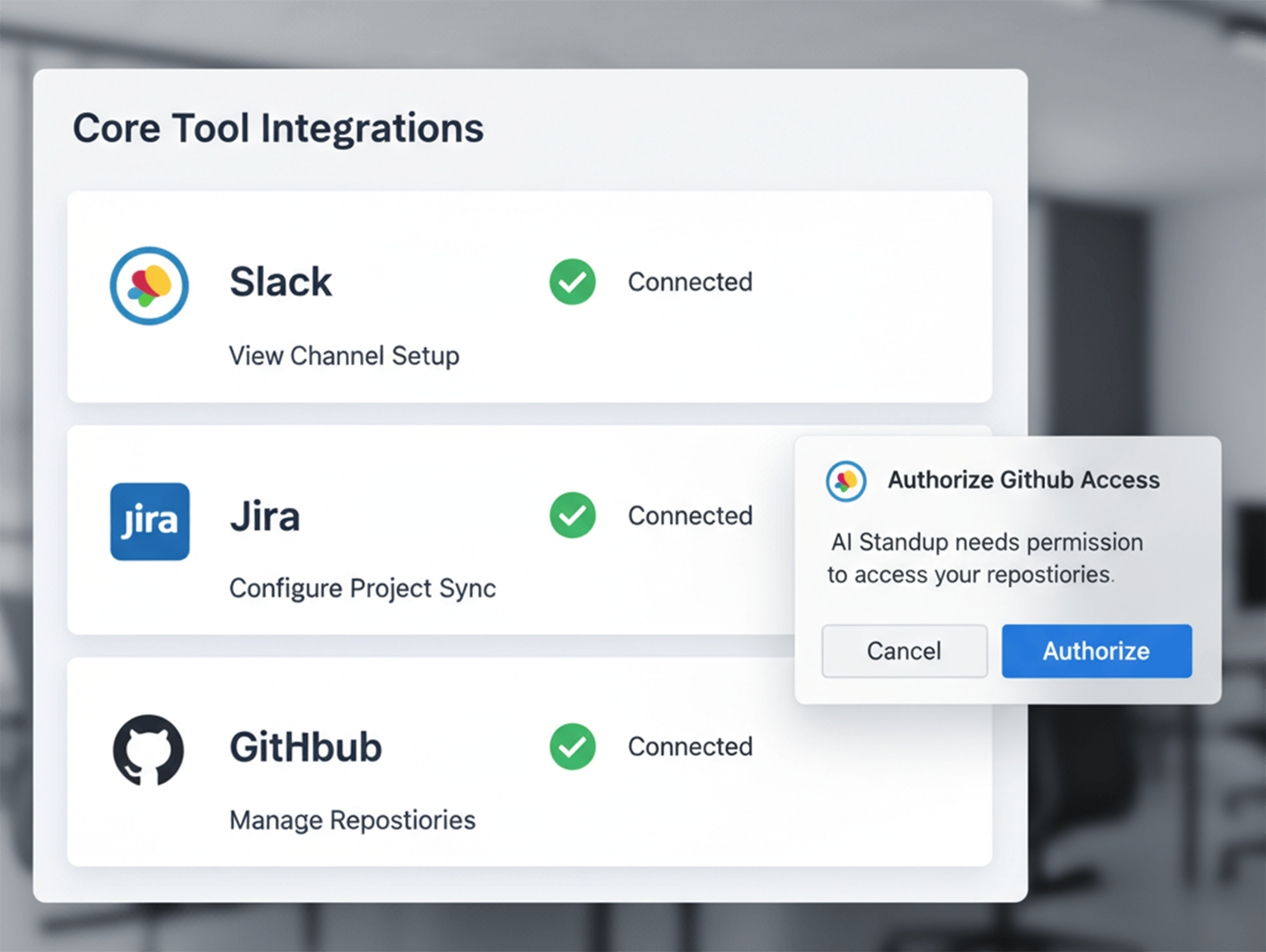 Dashboard showing successful connections to Slack, JIRA, and GitHub in AI standup tool setup