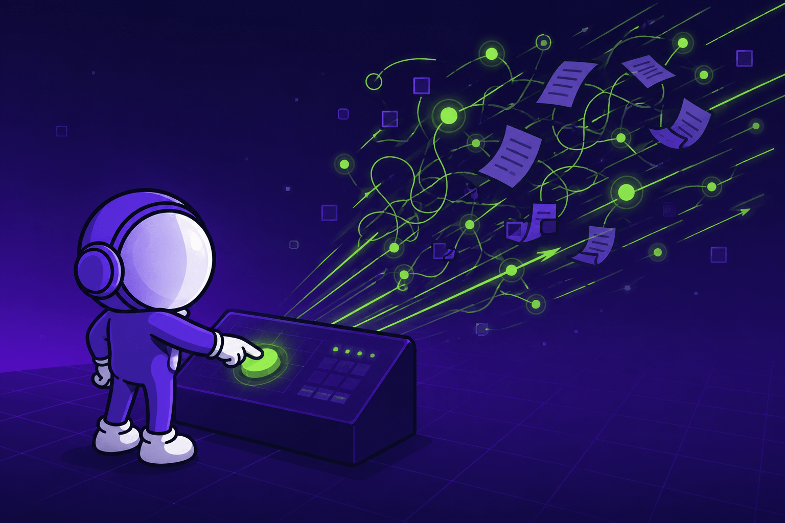 Astronaut mascot pressing a button while disconnected, chaotic data speeds up - illustrating how AI accelerates a broken process
