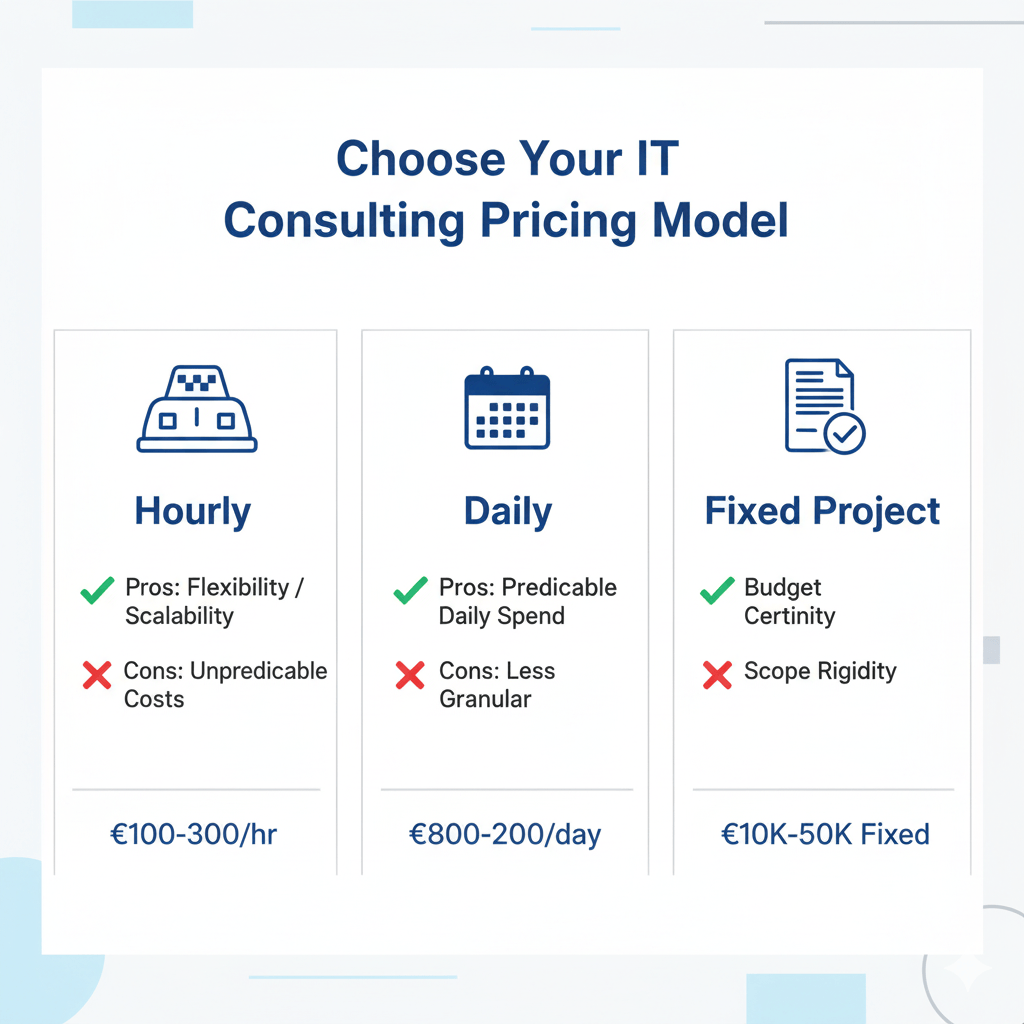 Infographic comparing hourly, daily, and fixed project pricing for IT consulting with pros/cons and example rates