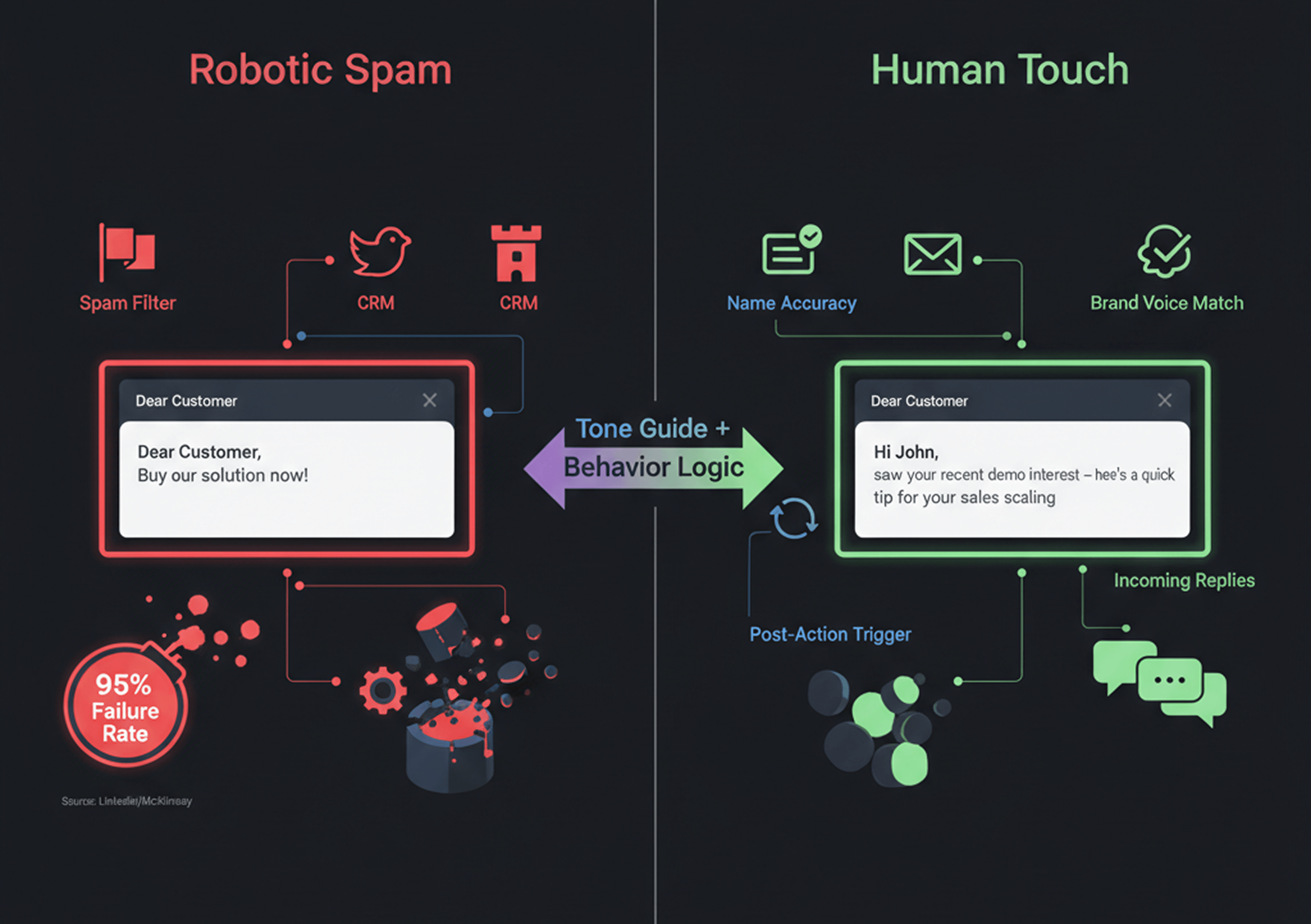 Split-view contrast of robotic vs. personalized AI outreach emails, highlighting tone guide integration, behavioral triggers, and clean data to avoid 95% project failures. Mygom contrast image.