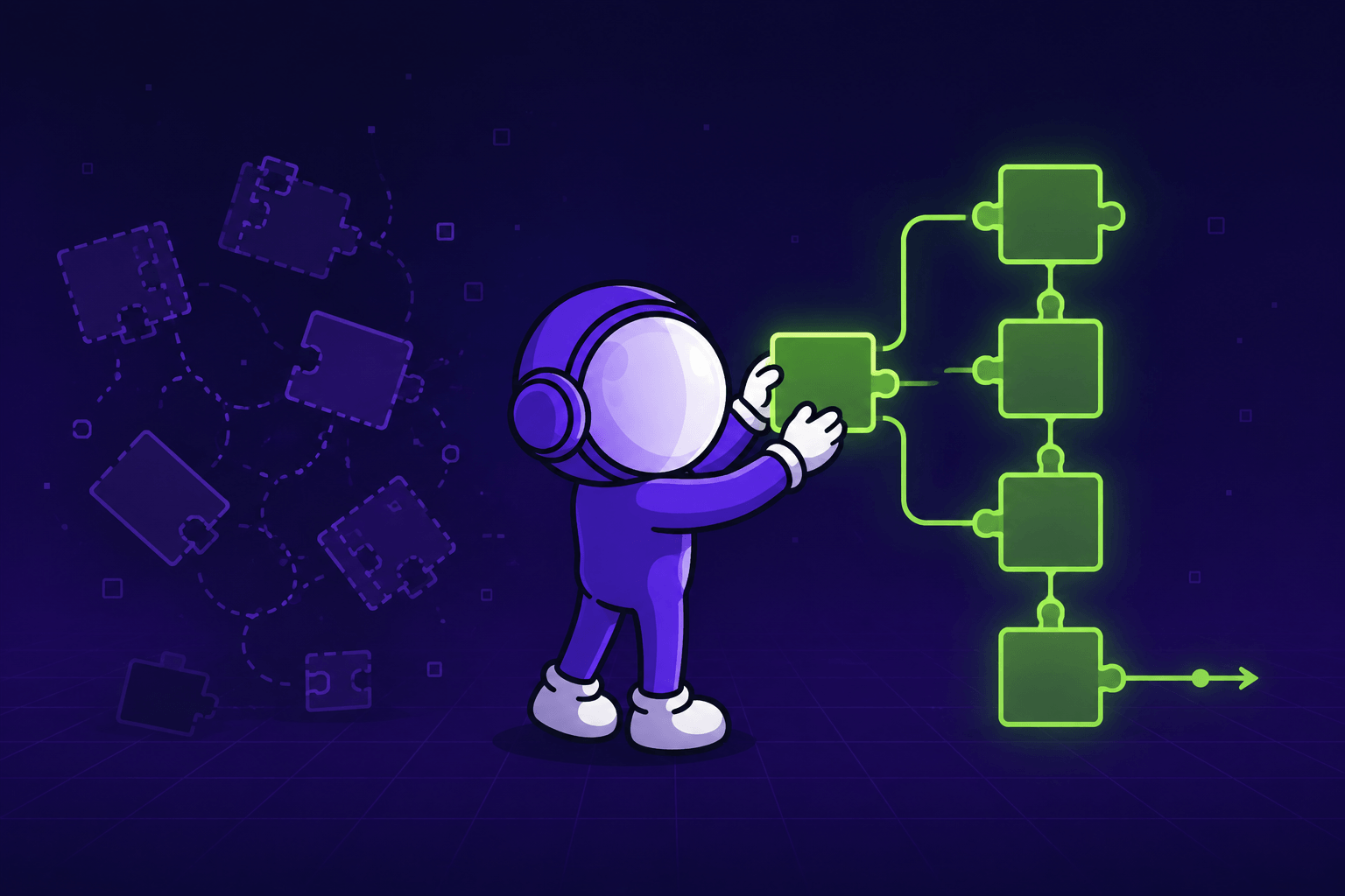 Astronaut mascot organizing scattered pieces into one connected workflow - illustrating that the process, not the model, is what matters