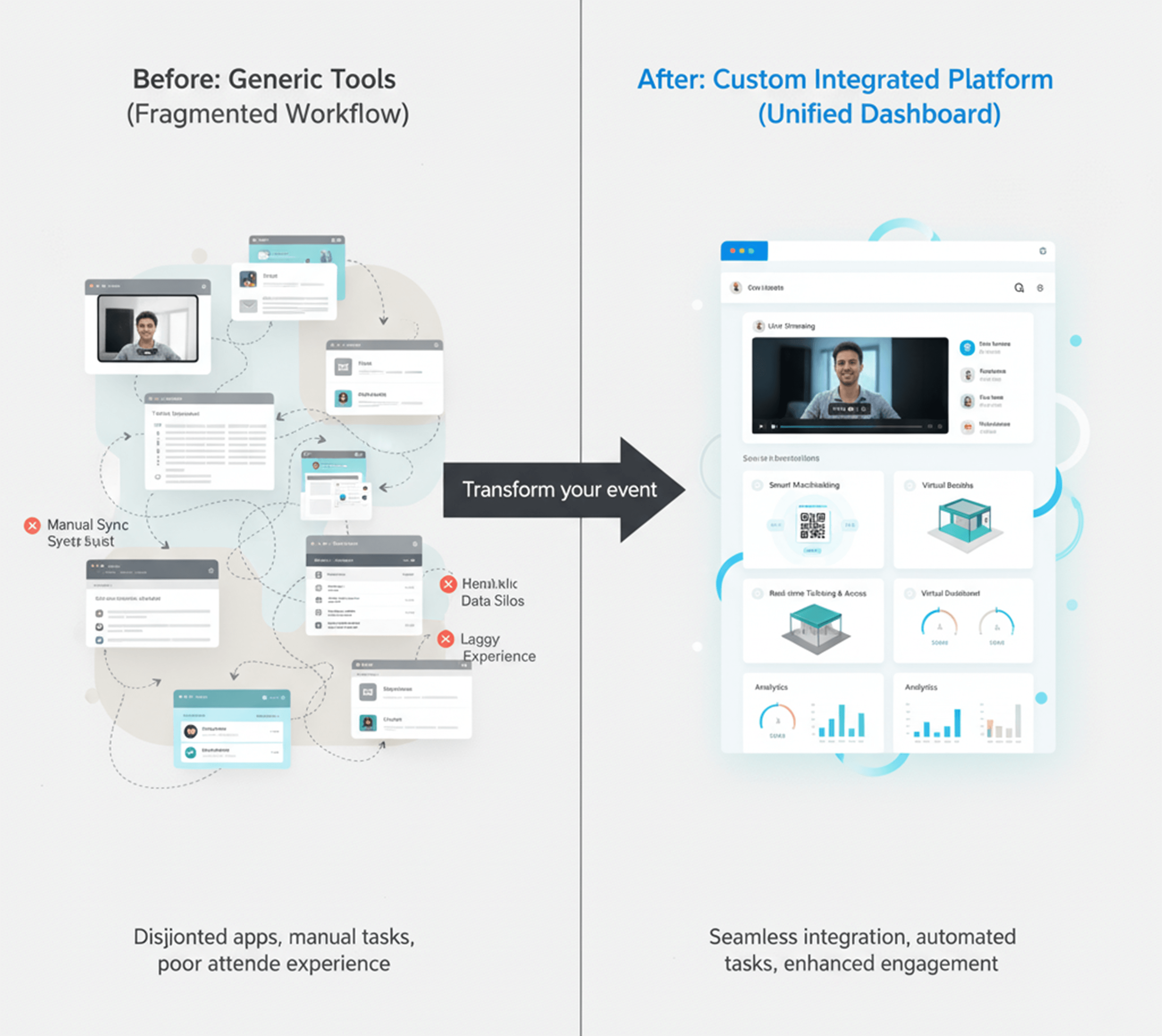 Side-by-side image showing cluttered apps and workflows on left labeled “Generic Tools” and a sleek integrated dashboard on right labeled “Custom Platform"