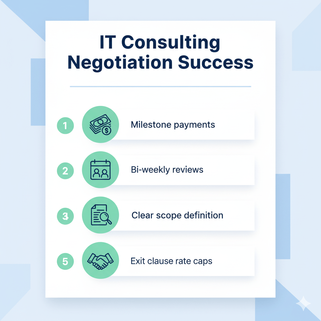 Checklist graphic showing 5 essential negotiation steps for successful IT consulting contracts
