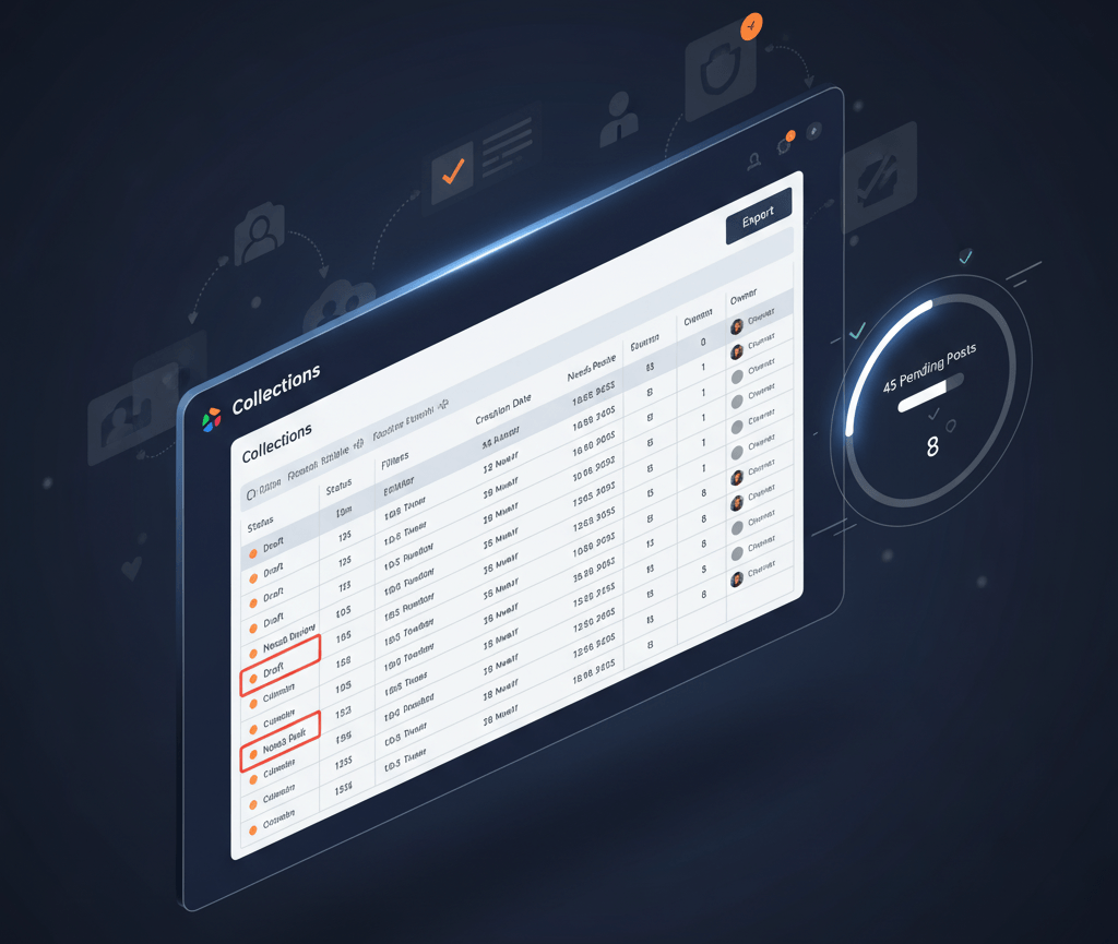 Payload CMS Collections tab mapping content backlog: 120+ drafts sorted by date/owner, filters spotting bottlenecks, progress from 45 to 8 pending posts.