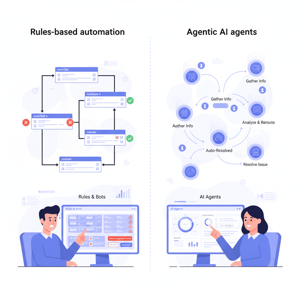 Split-screen diagram comparing rigid rules-based automation with adaptive AI agents that autonomously manage business workflows and decisions.