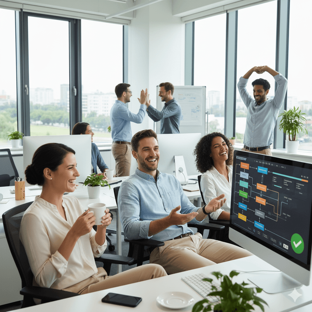 happy team with automated workflow