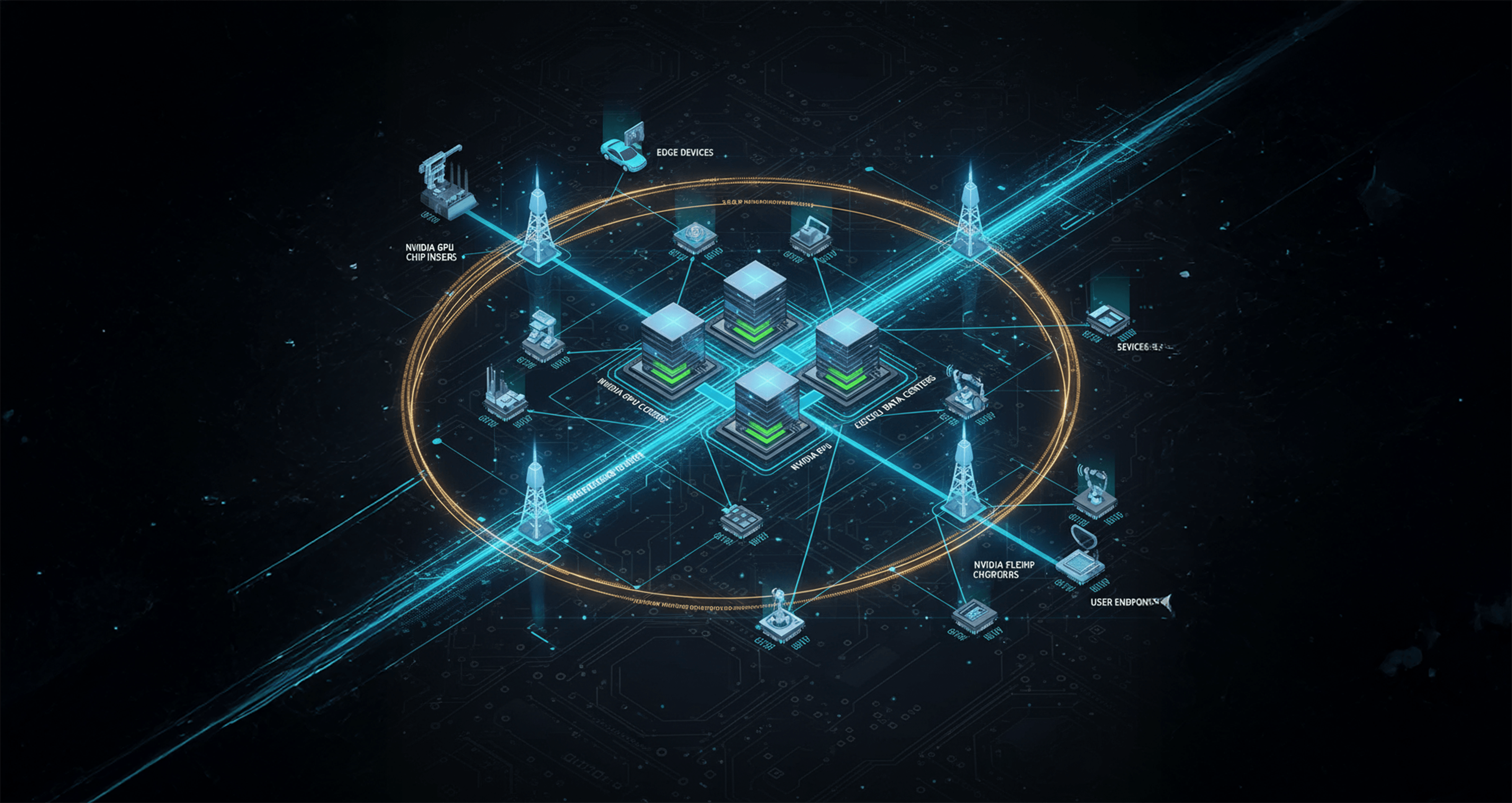 Conceptual map illustrating Nvidia’s AI chip integration across cloud data centers, telecom towers, edge devices, and 5G/6G wireless networks with glowing data flow lines.