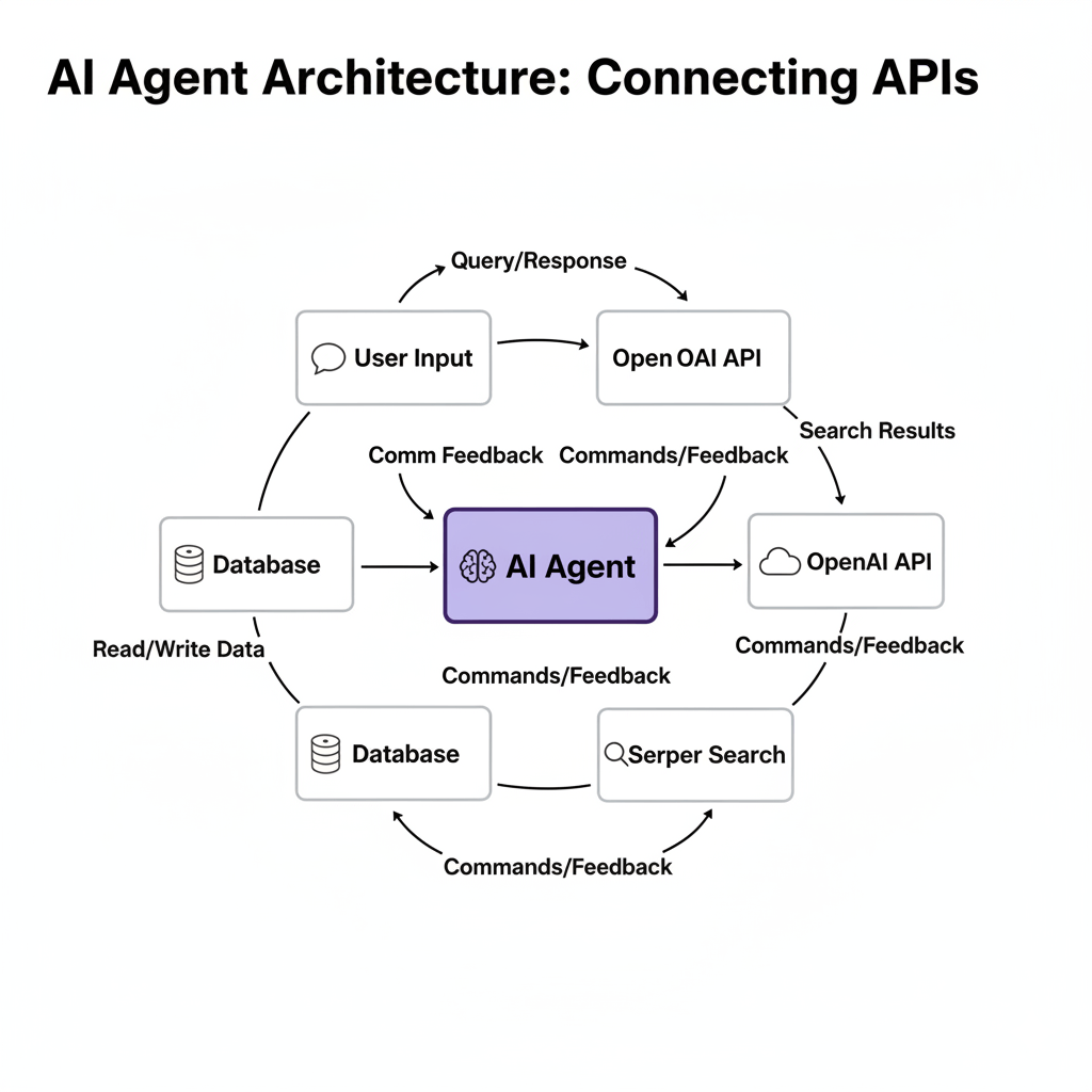 A diagram titled “AI Agent Architecture: Connecting APIs.” It shows an AI agent in the center linked to user input, OpenAI API, Serper Search, and databases. Arrows illustrate how the agent exchanges commands, feedback, and data between these tools to process information and return responses.