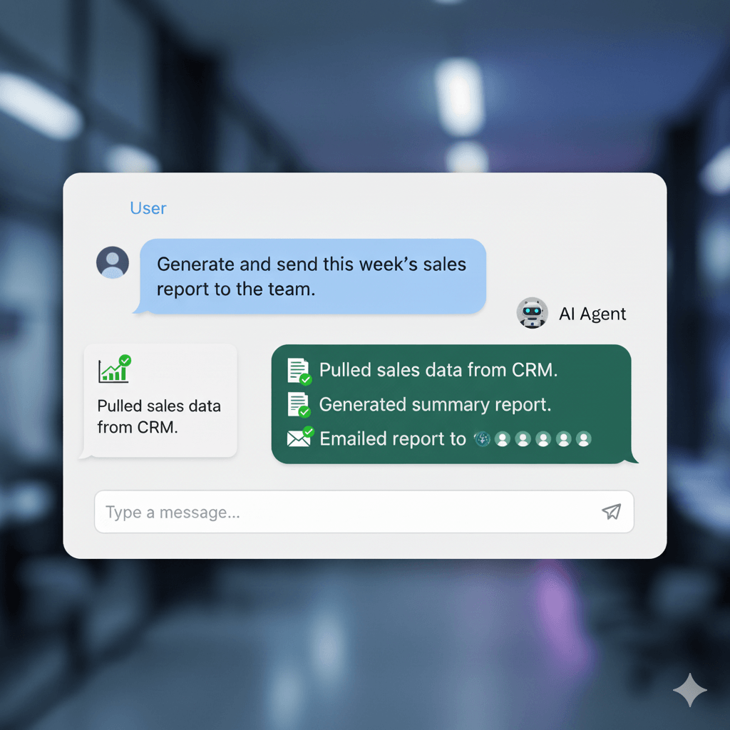 AI Agent chat interface showing automated report generation and email delivery.