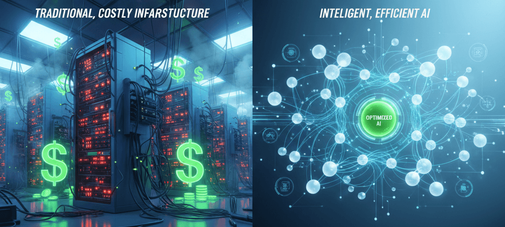 Comparison of expensive GPU data center versus efficient AI agent coordination through protocols