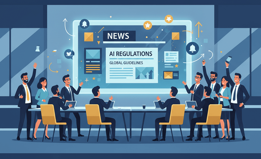 Illustration of excited business professionals in a conference room watching a screen with AI regulation headlines and growth arrows in blue and gold tones.