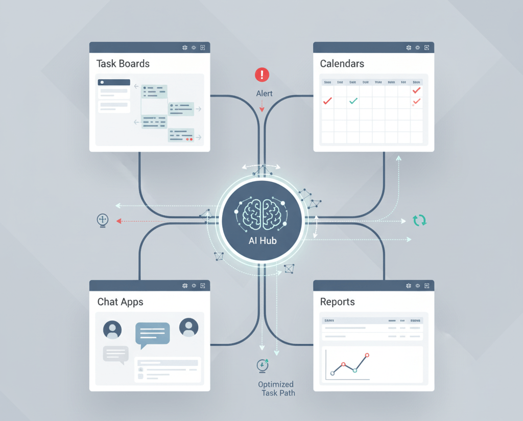 Diagram-style illustration of AI integrated with project management tools and workflows.