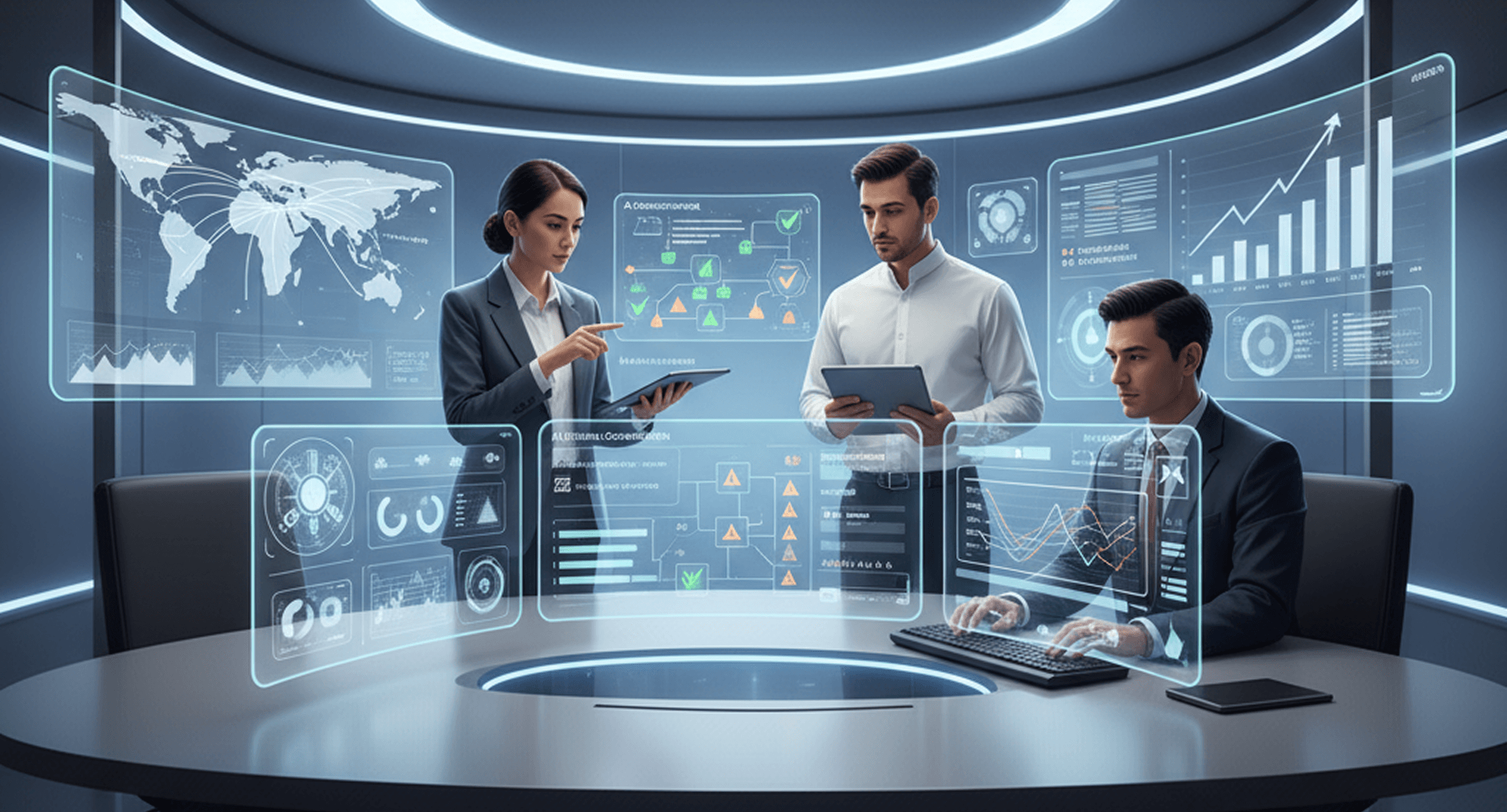 A modern business team reviewing AI workflows, risk signals, and approvals across connected digital systems.