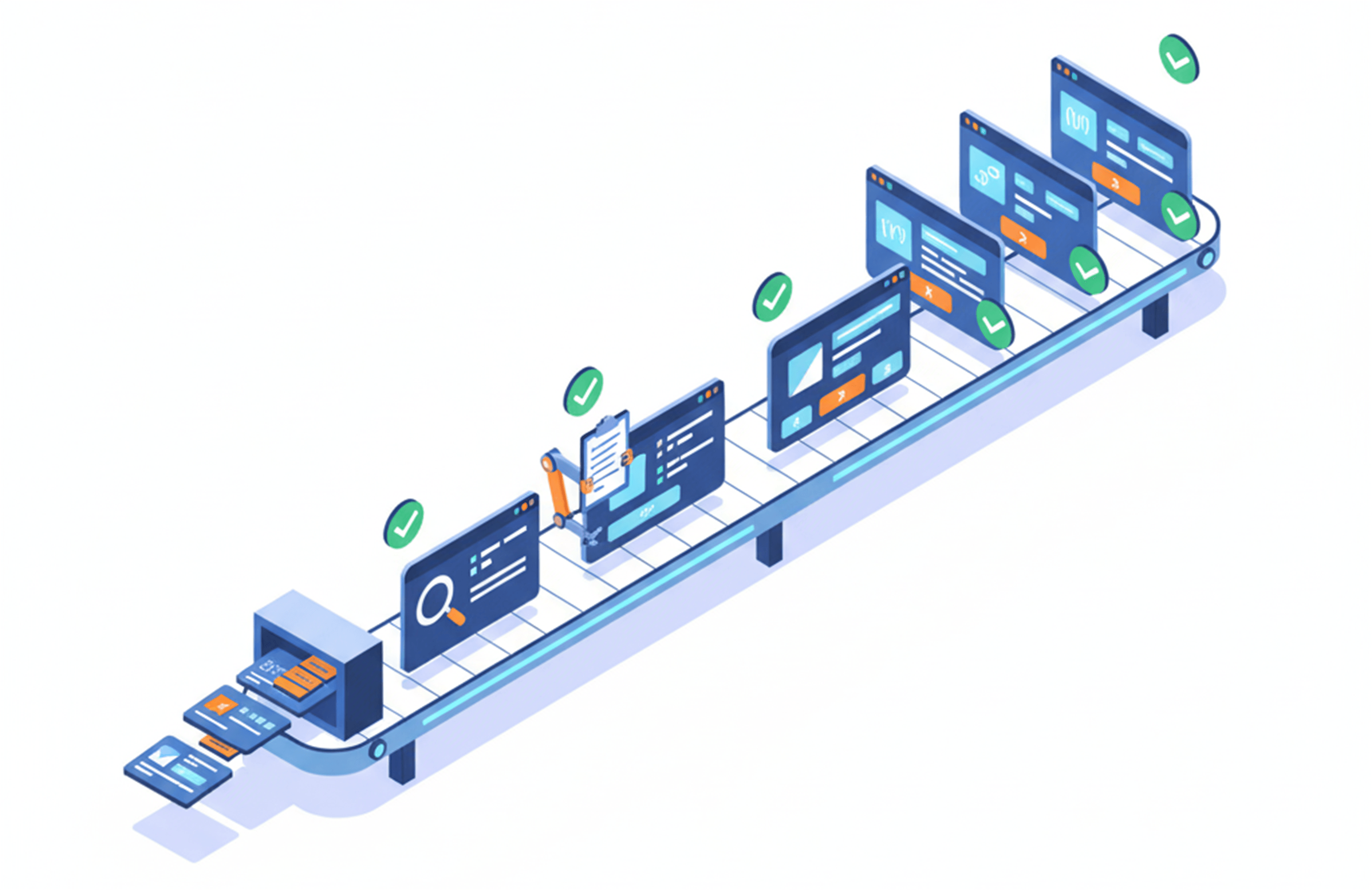 An assembly line feeding raw “requirements” in one end and shipping polished UI screens out the other, with automated checks.