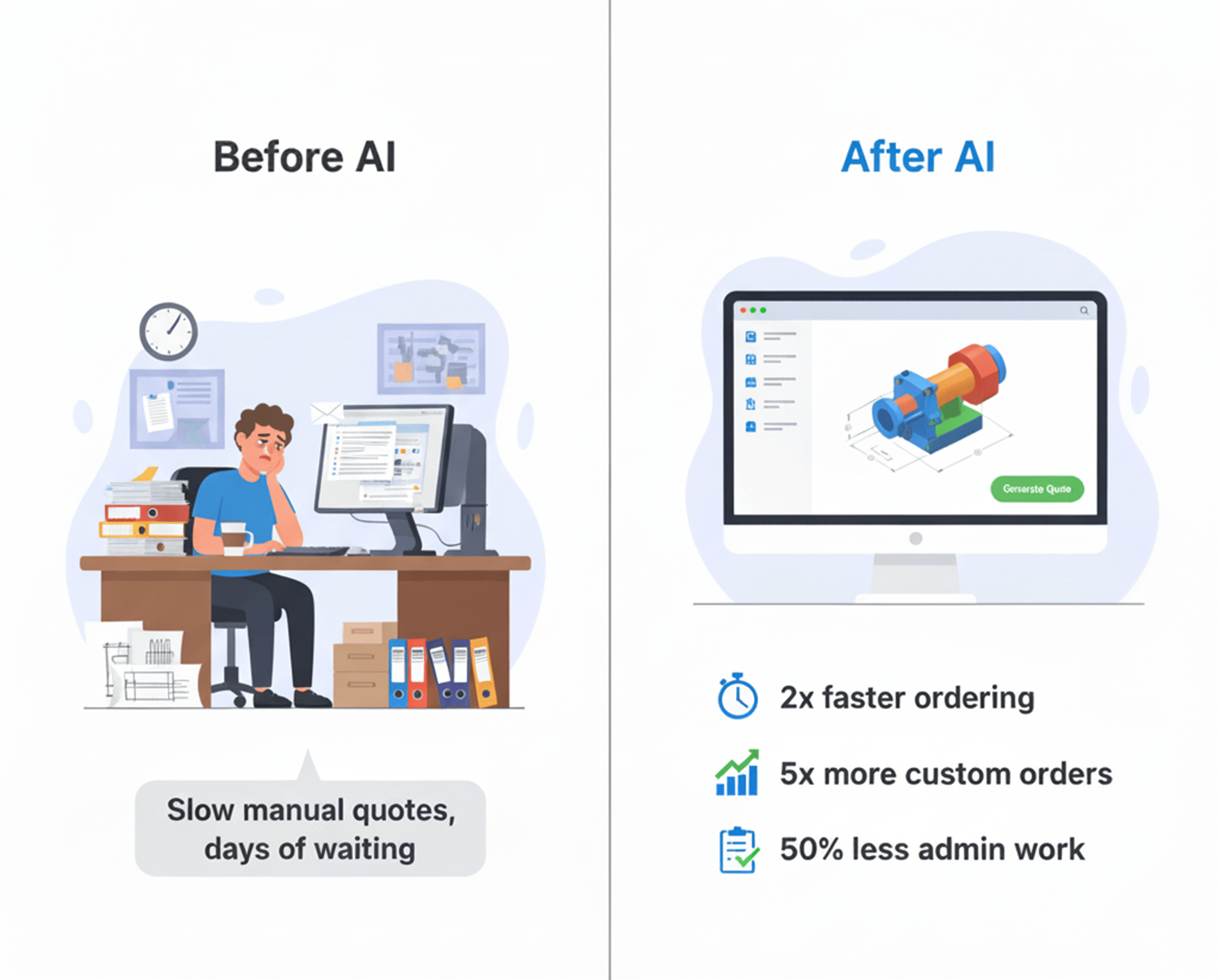 Split-screen: skeptical manufacturer before AI vs automated quoting after AI with faster orders, more custom jobs and less admin work.