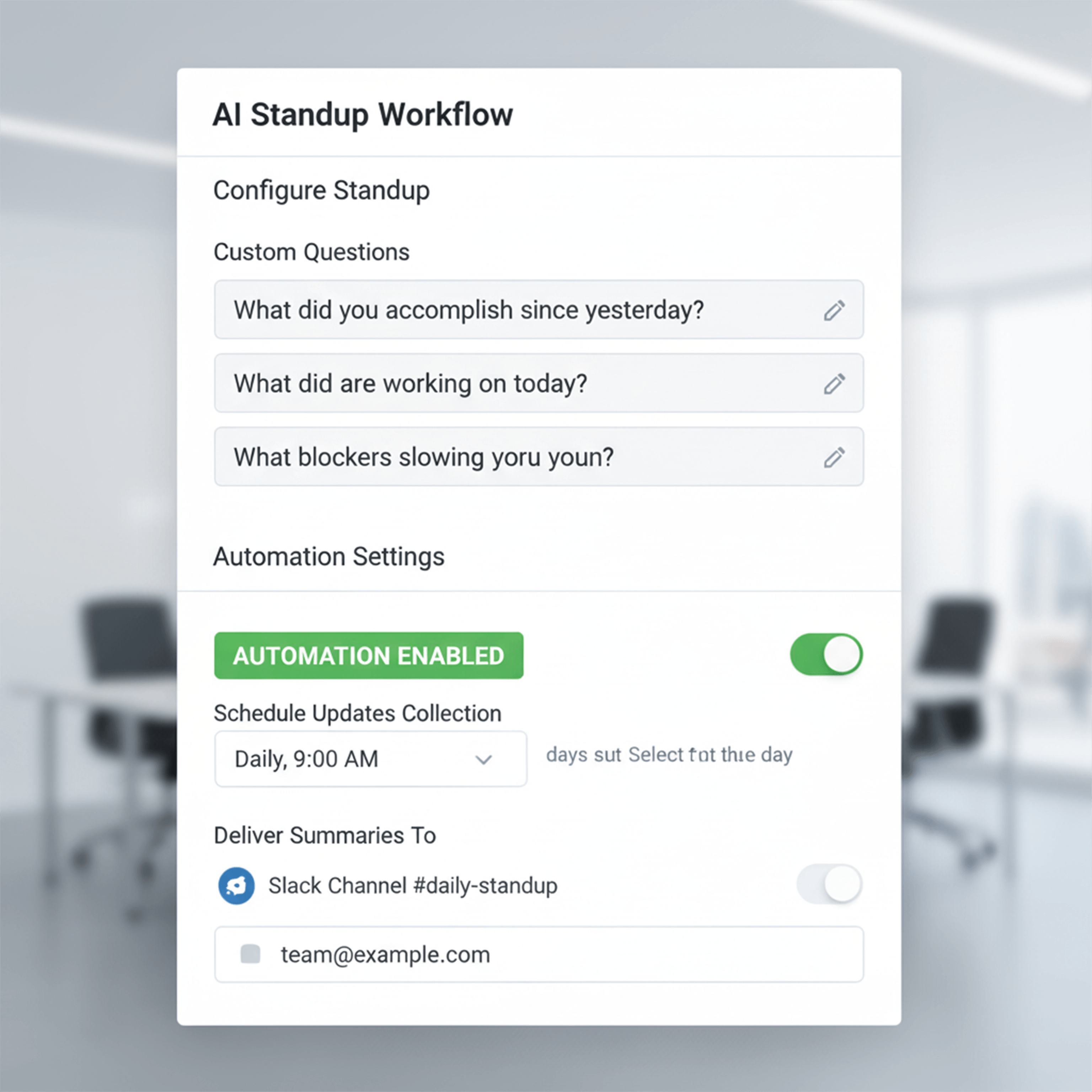 Dashboard screenshot showing custom standup prompts and automation toggles enabled
