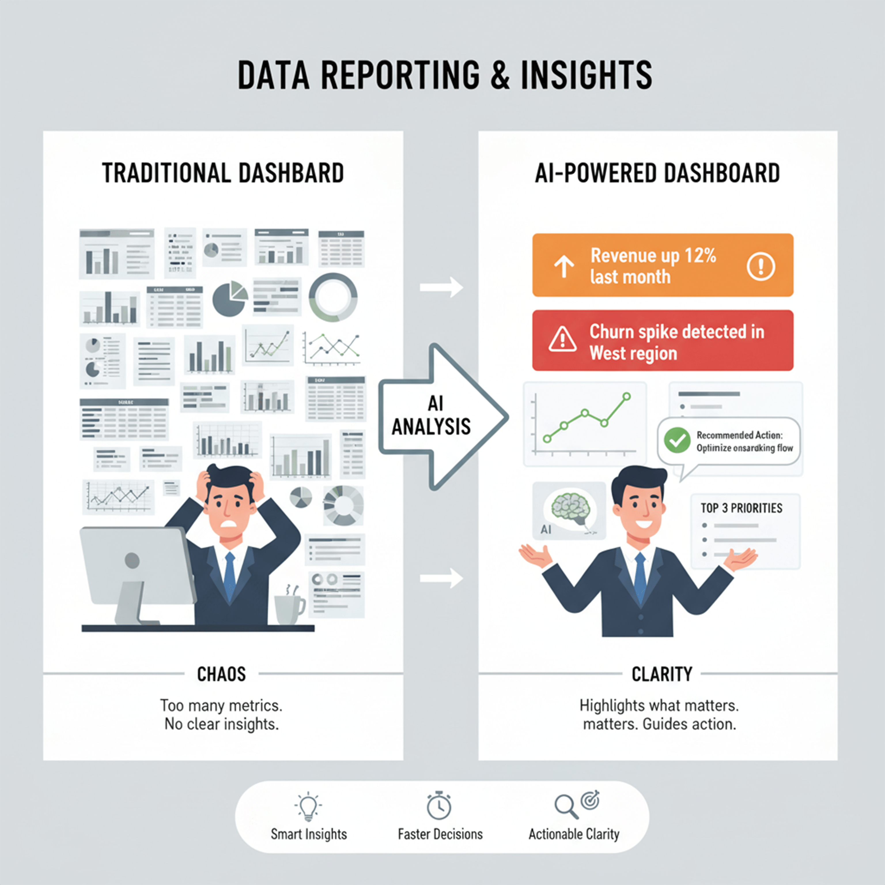 Visual comparing a noisy, cluttered dashboard full of unread metrics with a clean, AI-powered dashboard highlighting actionable business insights and recommendations.