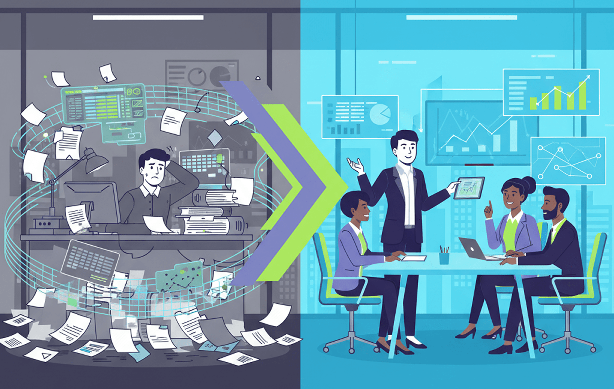 Business professional moving from repetitive tasks to strategic planning and growth activities