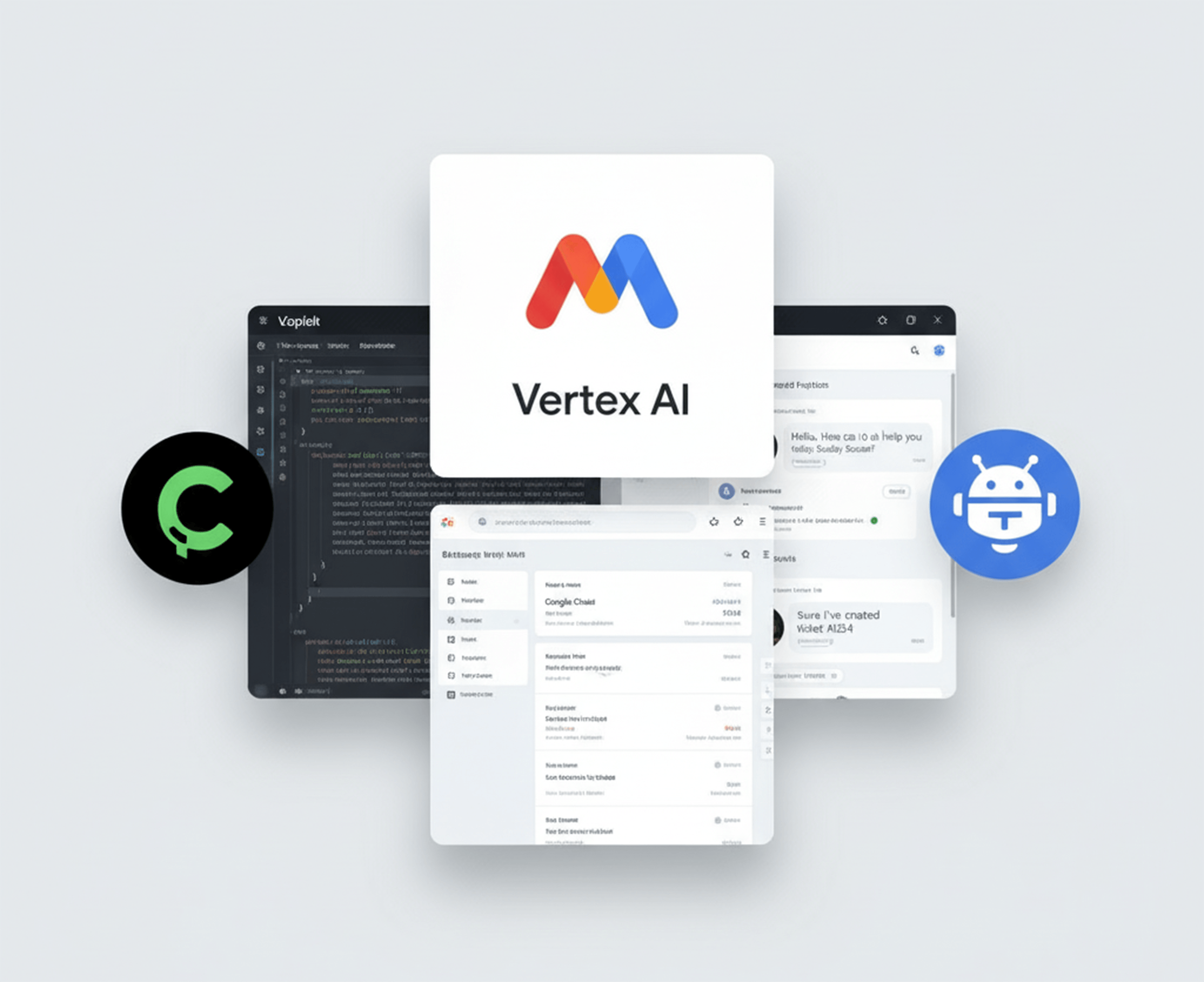 Visual showing GitHub Copilot, Vertex AI, and AI agent interfaces - a snapshot of leading developer workflow automation tools in action