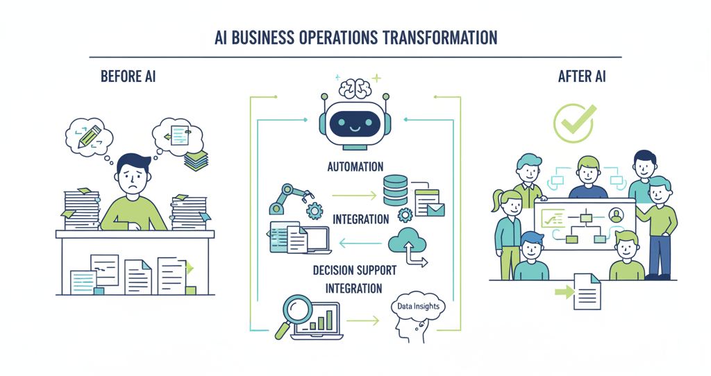 Visual representation of AI transforming business workflows through automation, system integration, and human-machine collaboration.