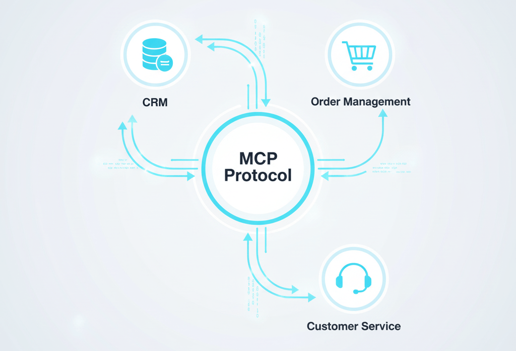 Diagram showing CRM, order management, and customer service agents communicating through MCP protocol hub
