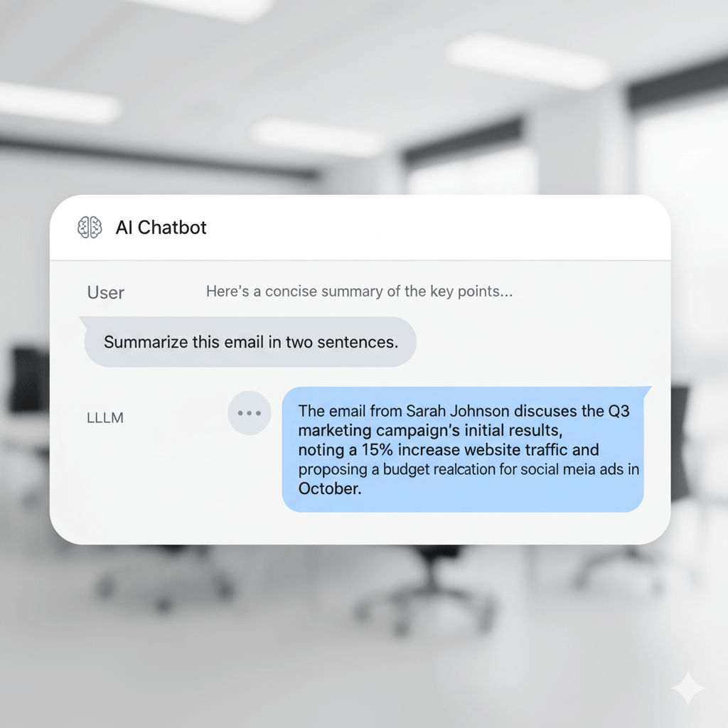 Screenshot-style mockup of a user asking an LLM to write or summarize text, showing fast, focused output.