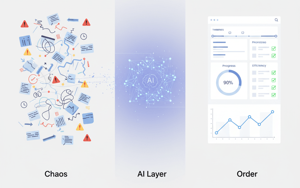 Illustration showing how AI organizes tasks, timelines, and workflows in project management.