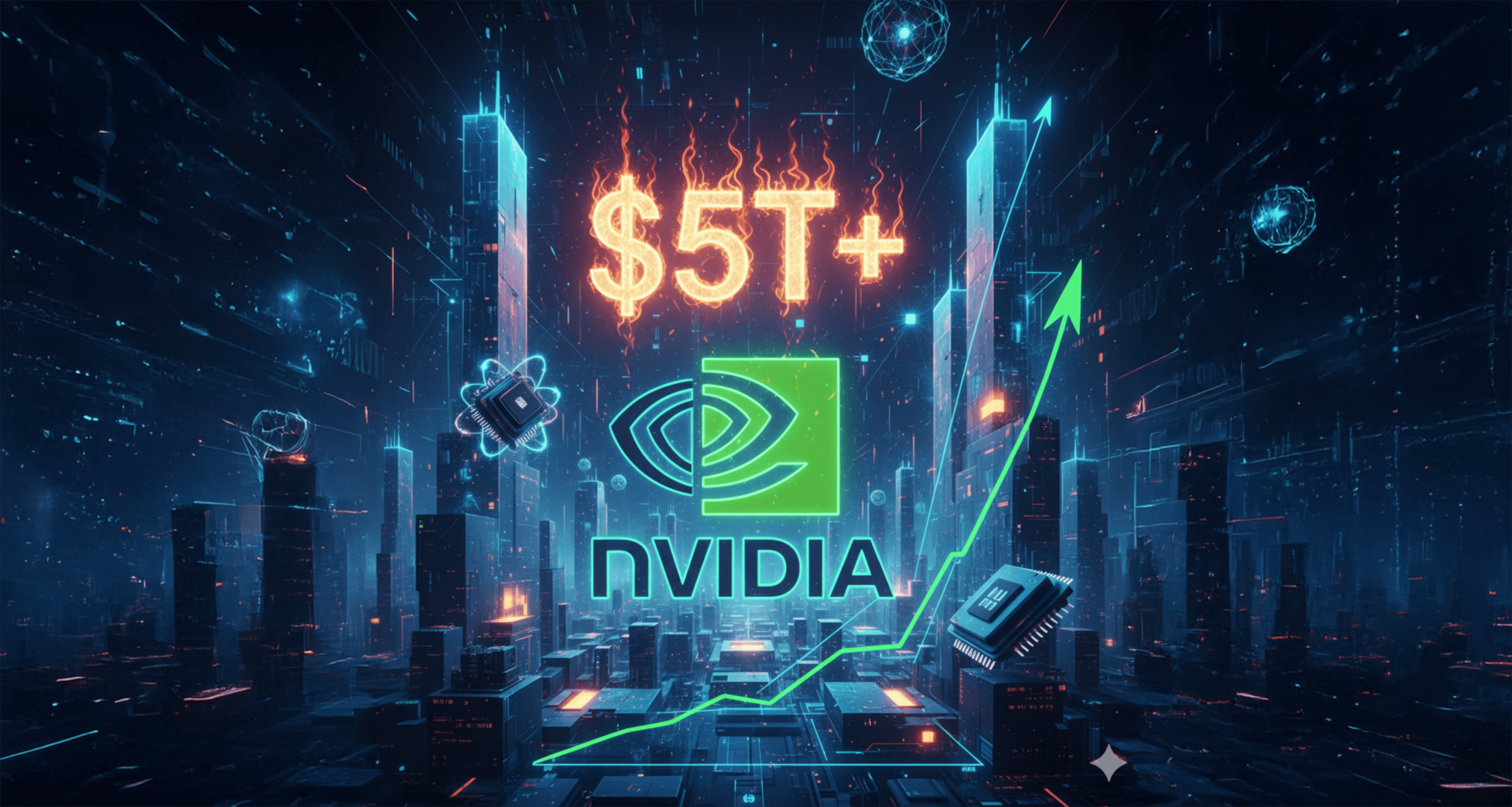 Nvidia logo glowing with "$5T" overlay, futuristic cityscape and AI/data stream background, symbolizing tech growth