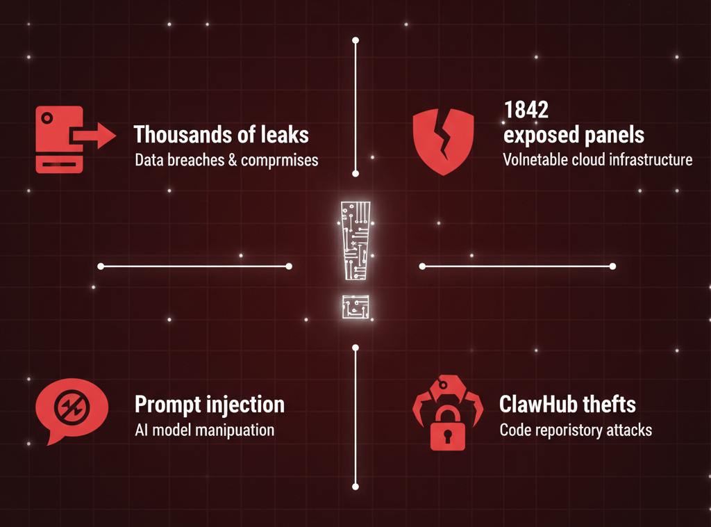 Infographic showing 4 major OpenClaw security risks: thousands of data leaks, 1842 exposed control panels, prompt injection attacks, ClawHub malicious skills thefts