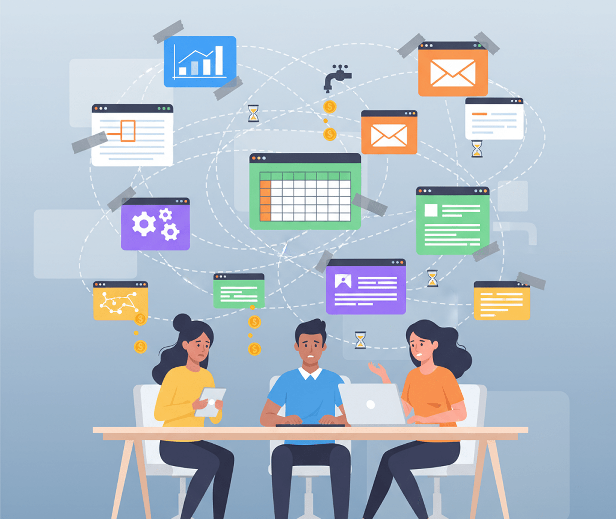 Illustration of disconnected SaaS apps linked by messy integrations and manual workarounds, showing time and money leaking from the process.