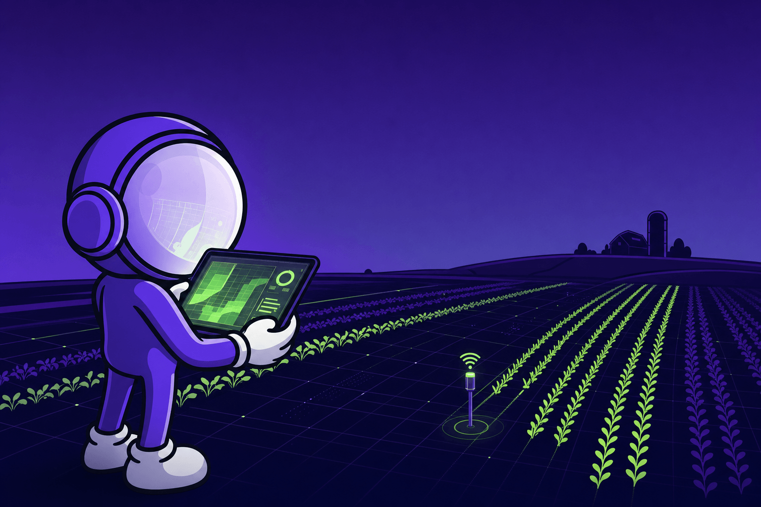Precision agriculture AI dashboard showing crop field data on a tablet with a connected field sensor