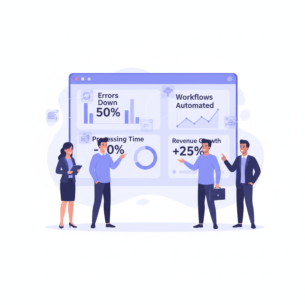 Business team reviewing a performance dashboard alongside AI agents that highlight insights and reduce errors