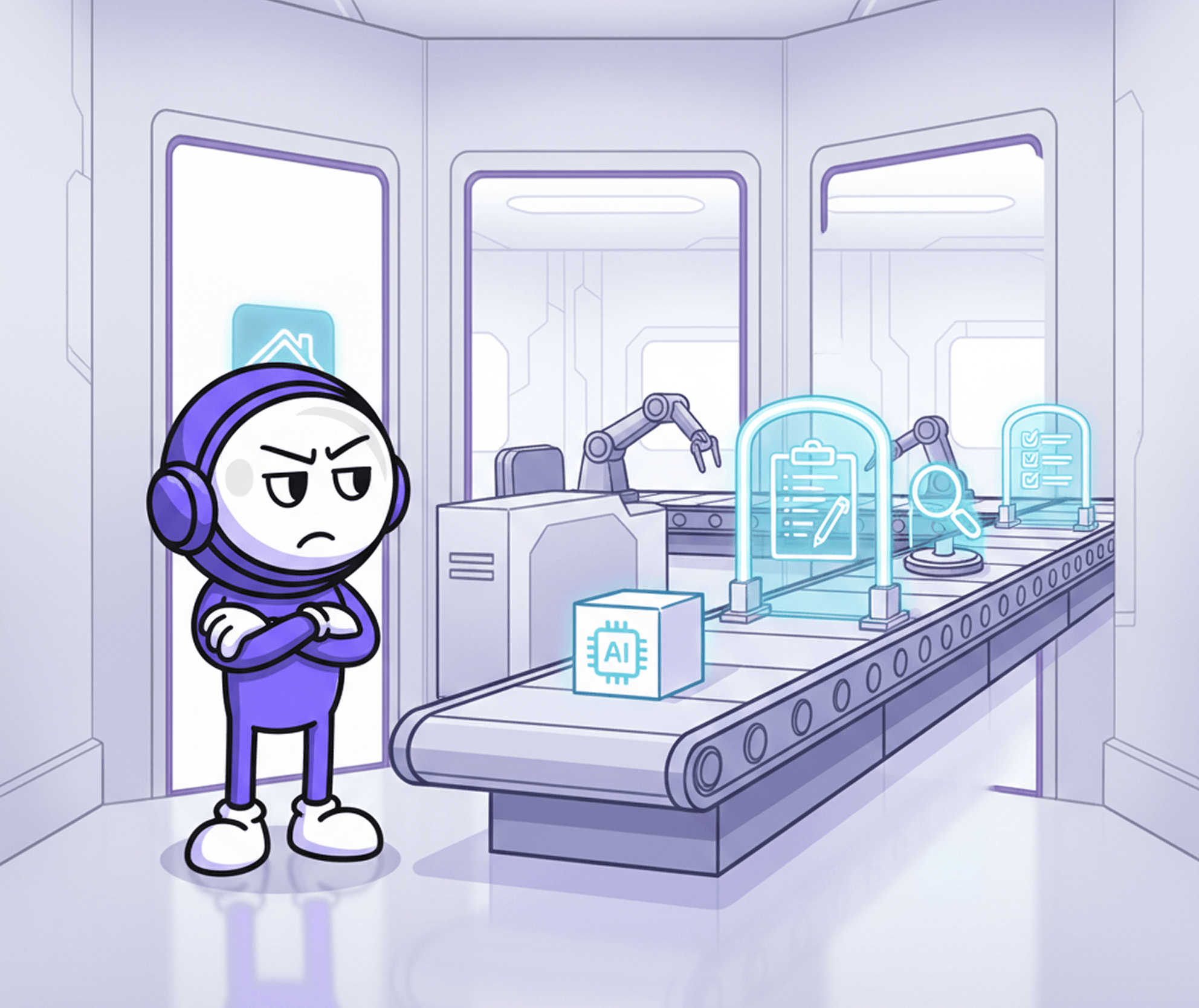 The Endless Handoff. Mygom mascot watching a project box move along a conveyor through many gates, symbolizing agency layers and delays.