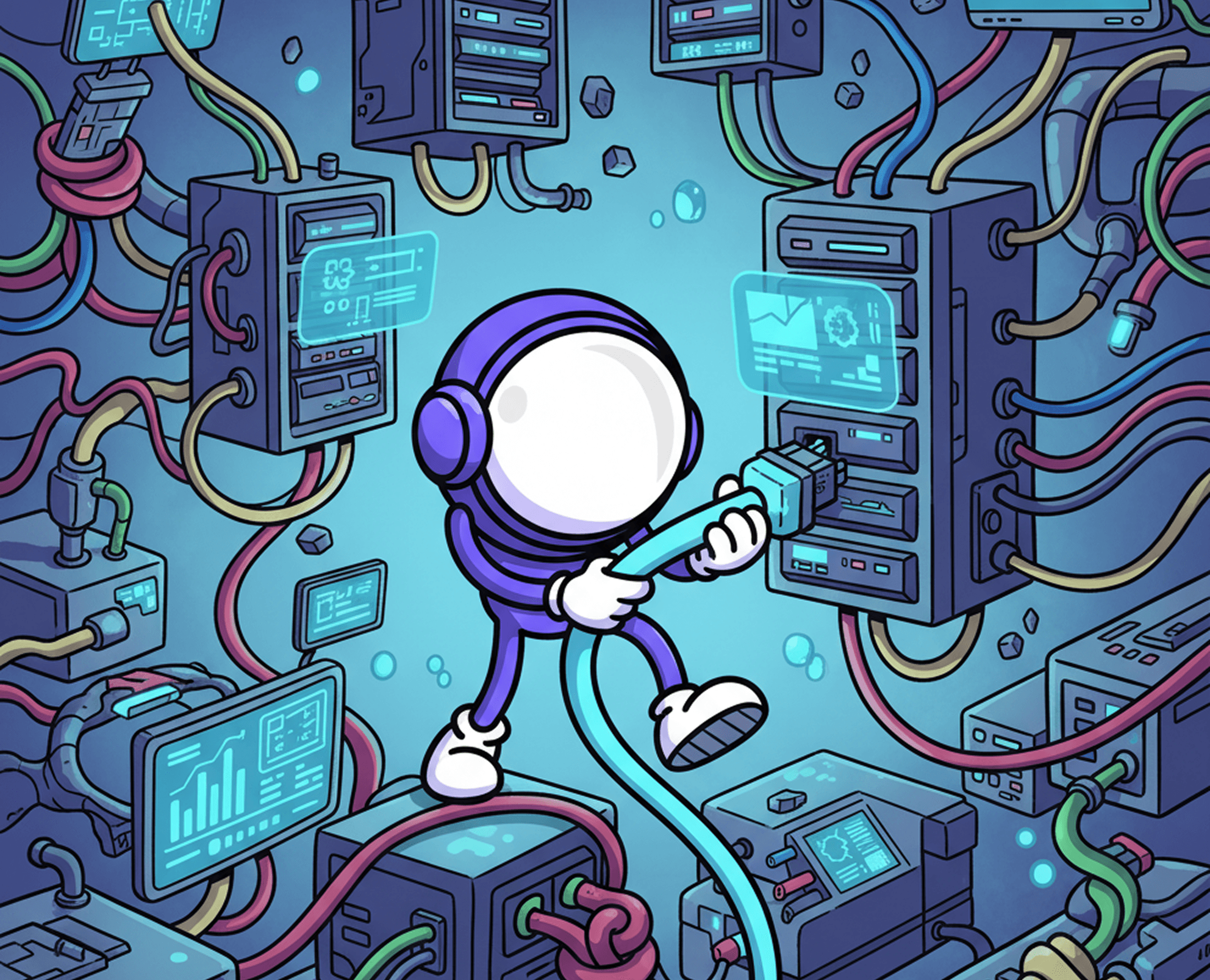 Astronaut mascot navigating a maze of connected pipes and boxes representing ERP, CRM, and custom tools. Mygom guide