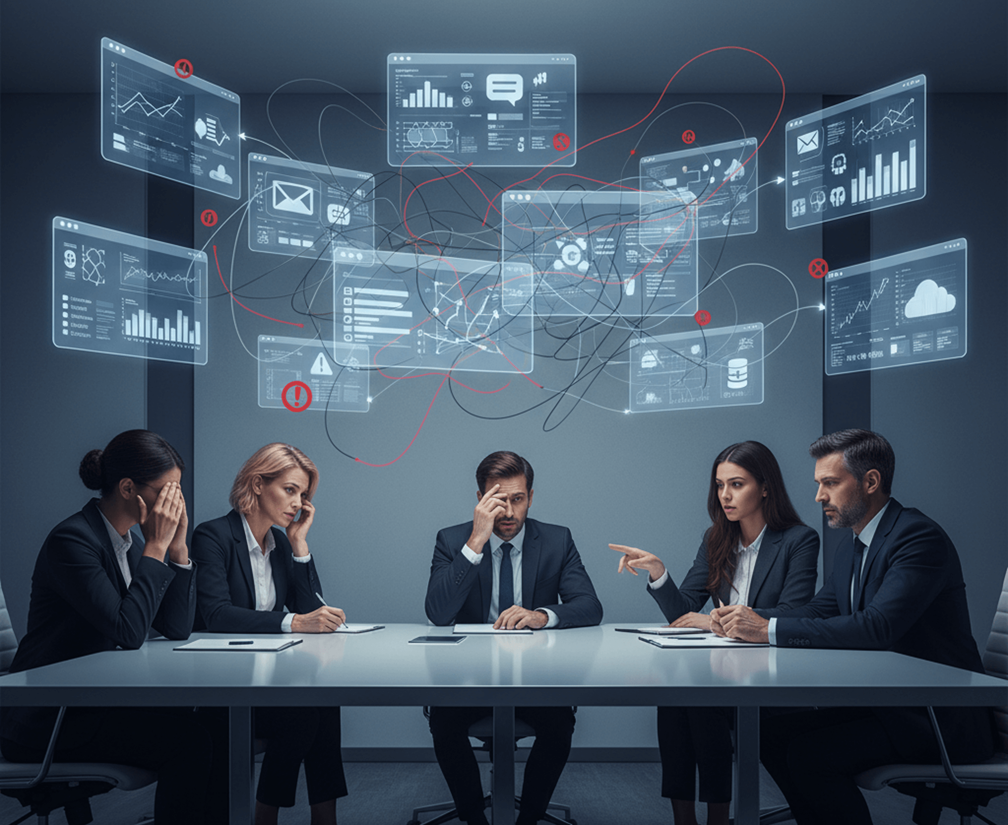 Frustrated business team surrounded by disconnected software tools and notification chaos.
