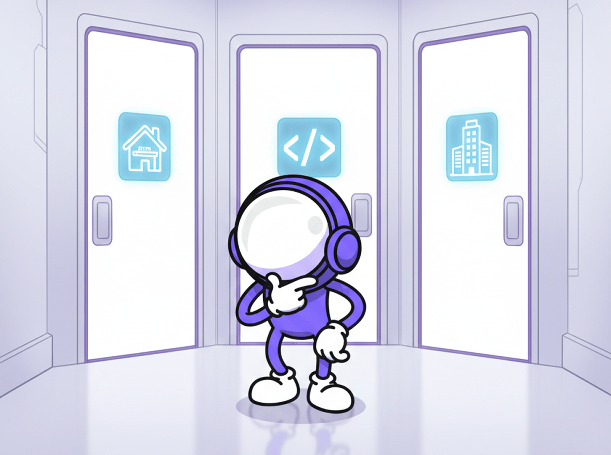 Astronaut mascot choosing between three doors representing different AI implementation paths. Mygom guide