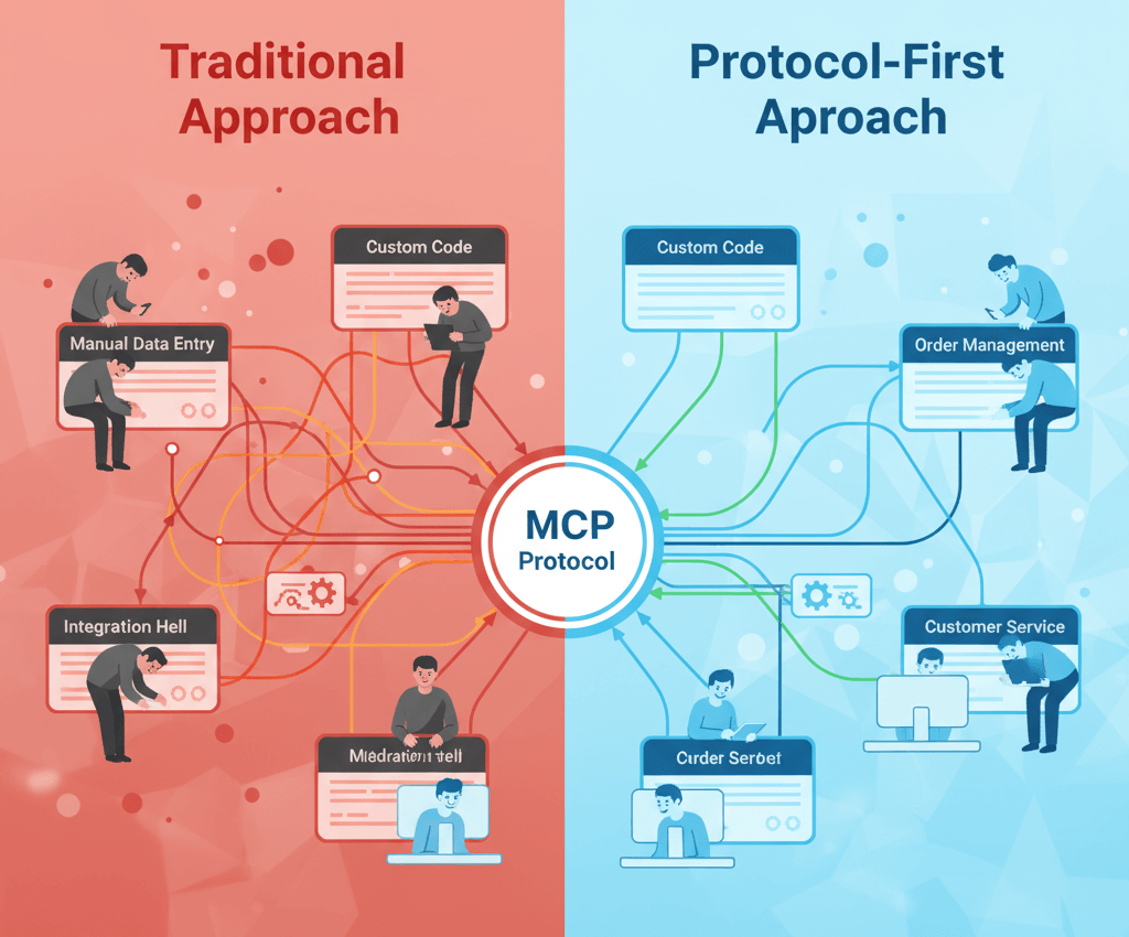 Comparison showing chaotic manual integrations versus clean automated agent coordination through protocols