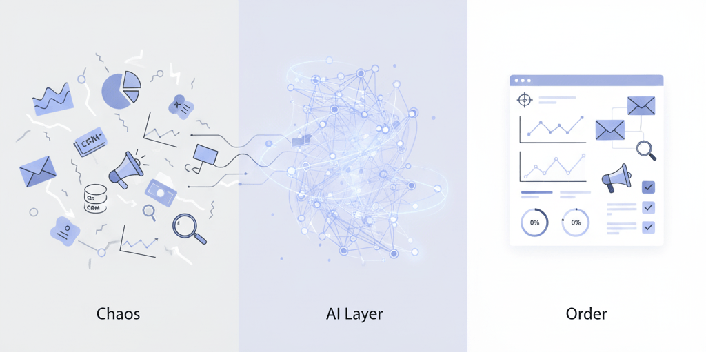 Marketing workflow transforming from scattered data and tools into a structured, AI-powered dashboard.