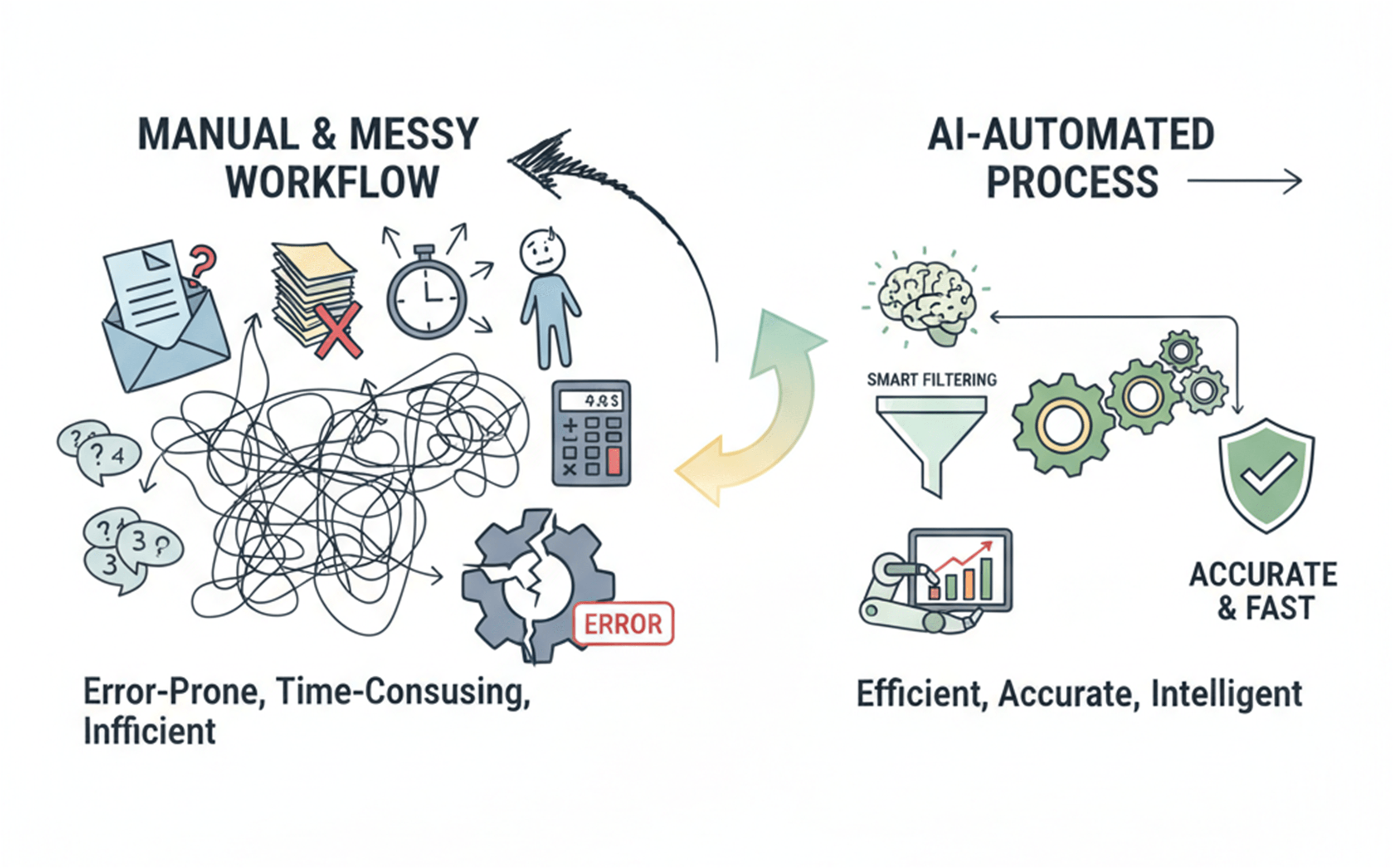 Diagram showing a manual, error-prone workflow transforming into an accurate, AI-automated process