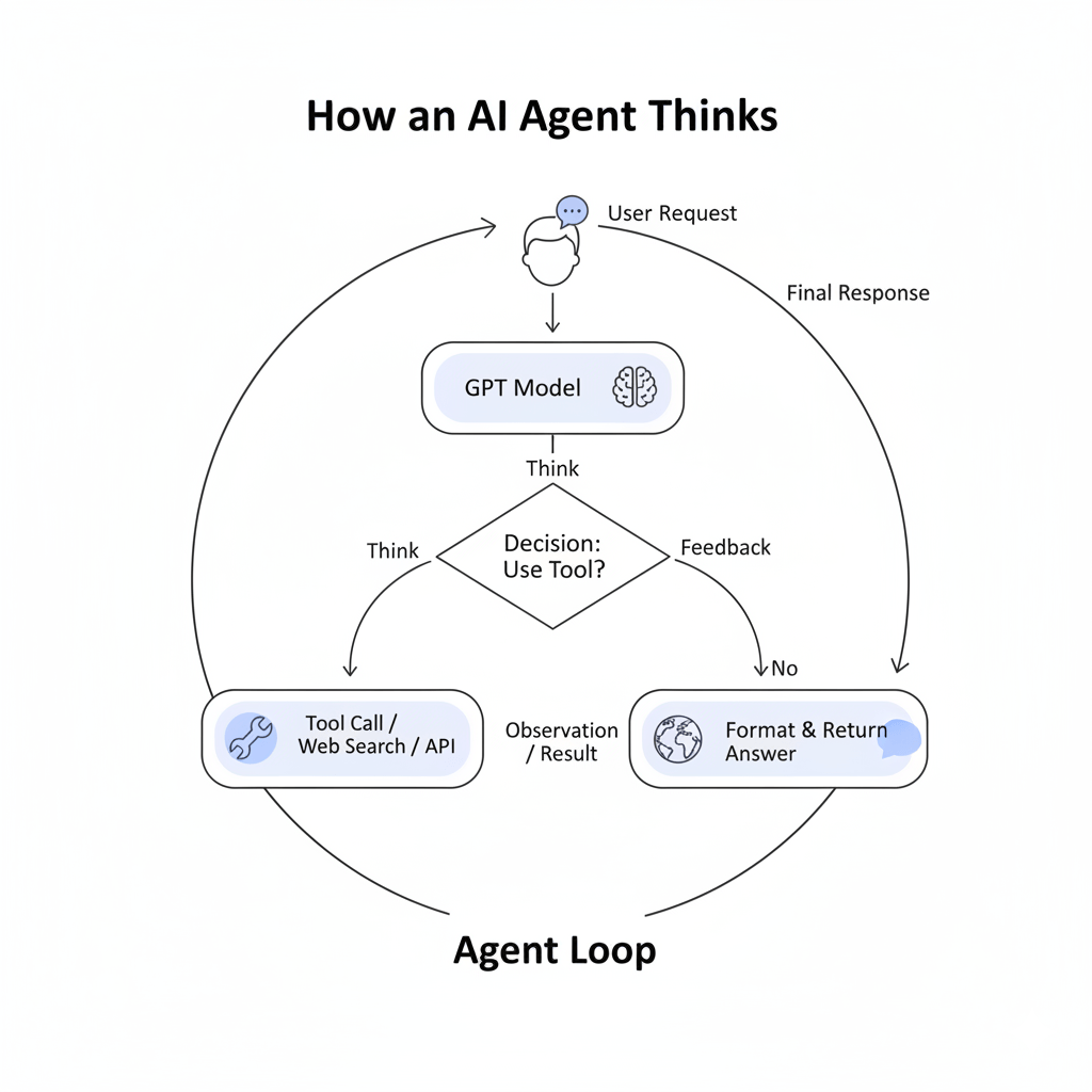 A circular diagram titled “How an AI Agent Thinks” showing the agent loop: a user request enters the GPT model, which decides whether to use a tool (web search or API). The agent processes results, formats an answer, and returns it to the user in a continuous reasoning cycle.