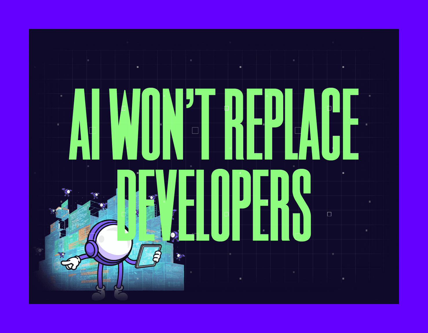 Astronaut directing small drones that assemble code blocks - human in charge, AI assisting.