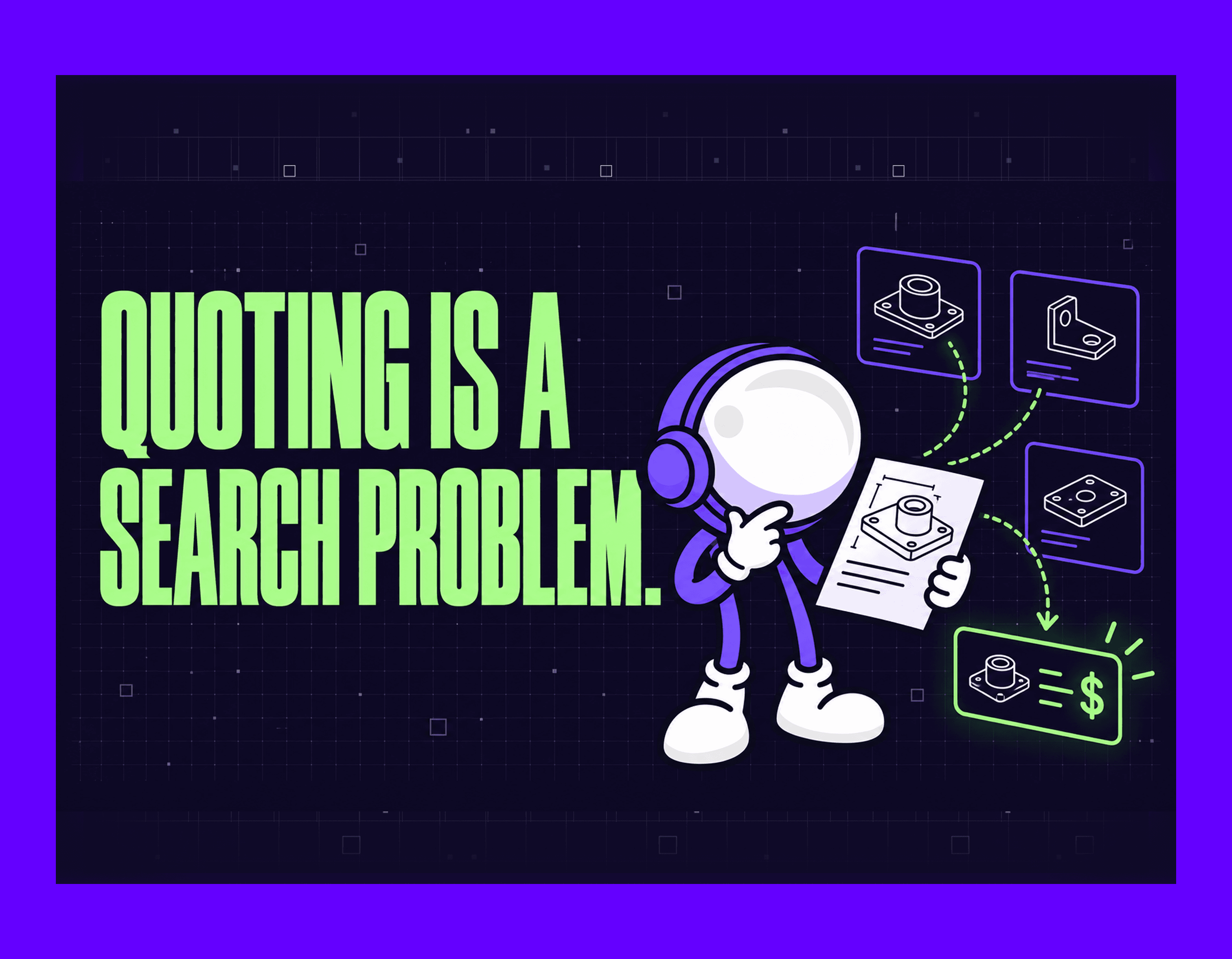 Header image for an article on quoting in a manufacturing company: a drawing is matched against past parts to form a price