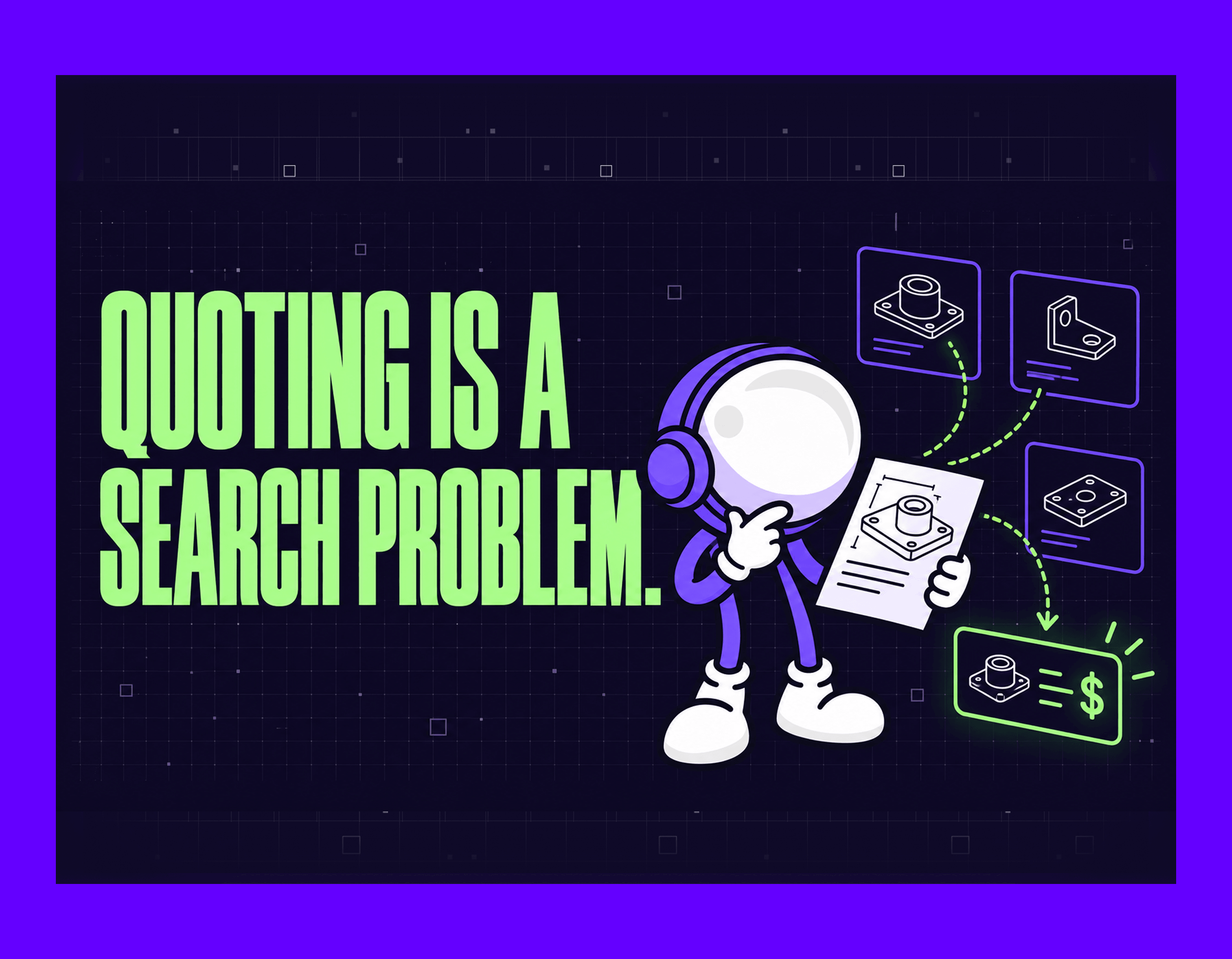 Header image for an article on quoting in a manufacturing company: a drawing is matched against past parts to form a price